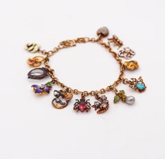 Art Nouveau 1910 Charms Bracelet In 14Kt Gold With Multi Gemstones And Enamels