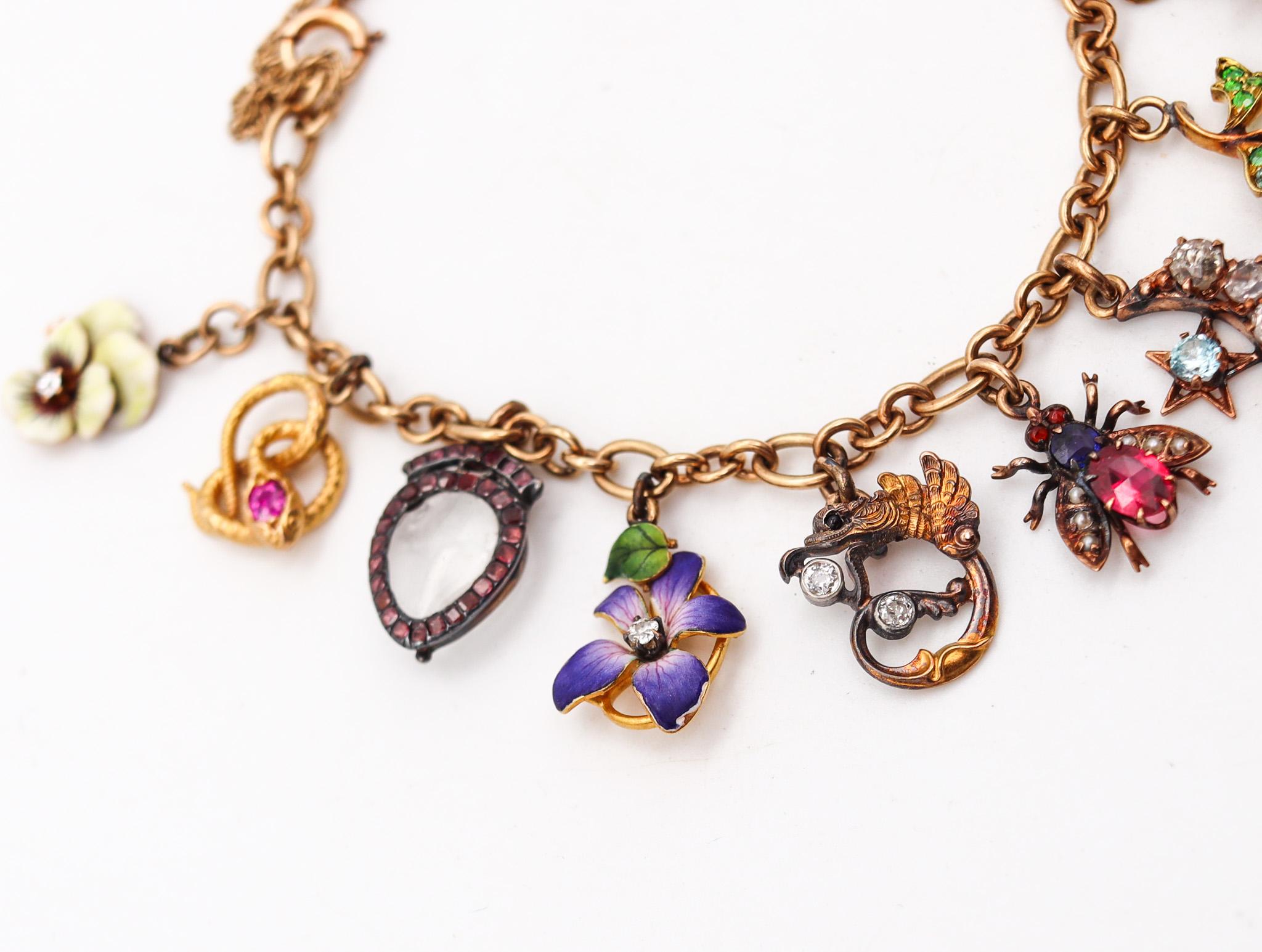 Mixed Cut Art Nouveau 1910 Charms Bracelet In 14Kt Gold With Multi Gemstones And Enamels For Sale