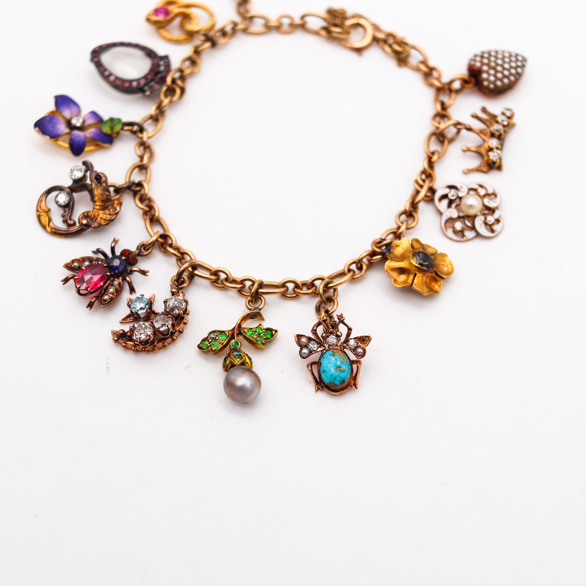 Mixed Cut Art Nouveau 1910 Charms Bracelet In 14Kt Gold With Multi Gemstones And Enamels For Sale