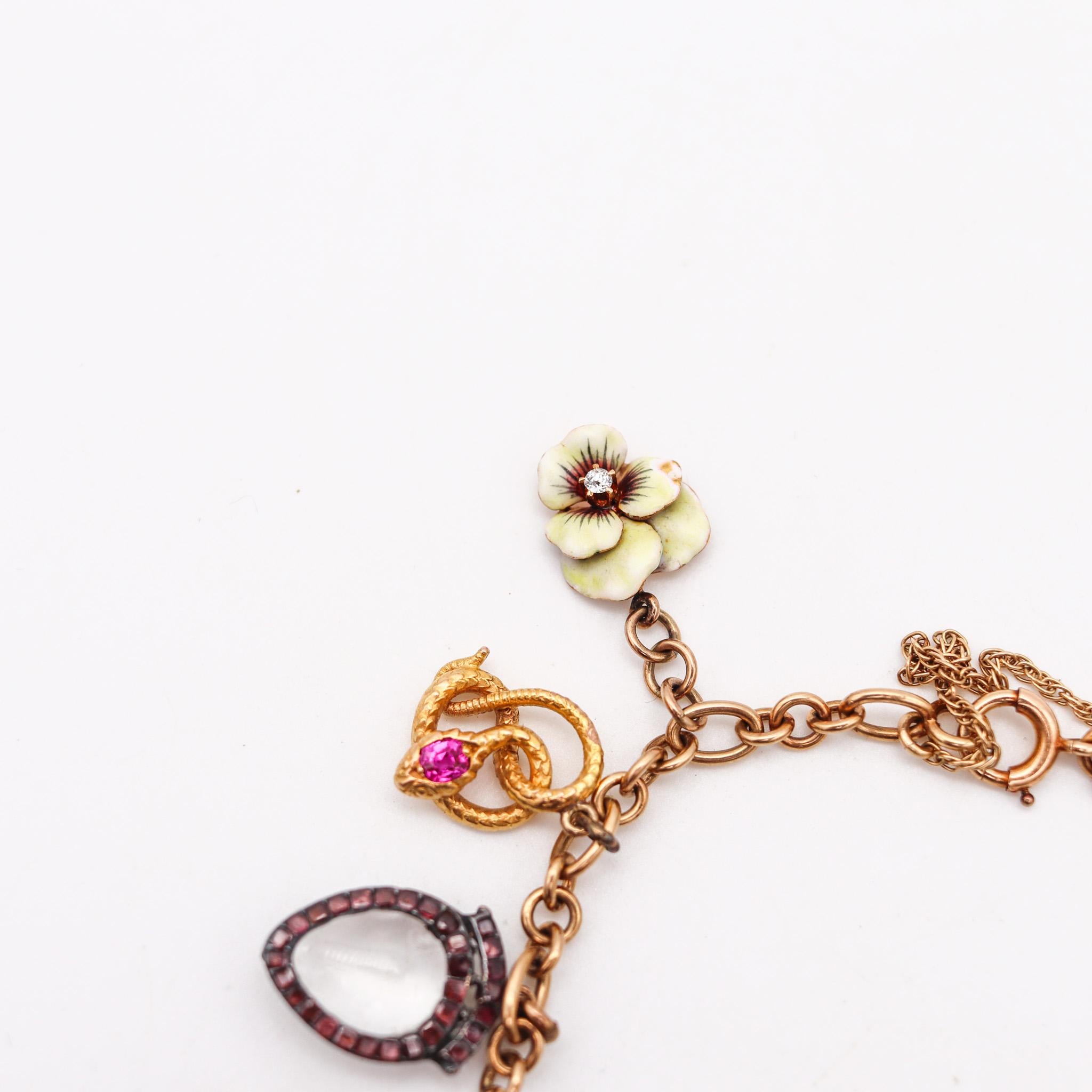 Art Nouveau 1910 Charms Bracelet In 14Kt Gold With Multi Gemstones And Enamels For Sale 1
