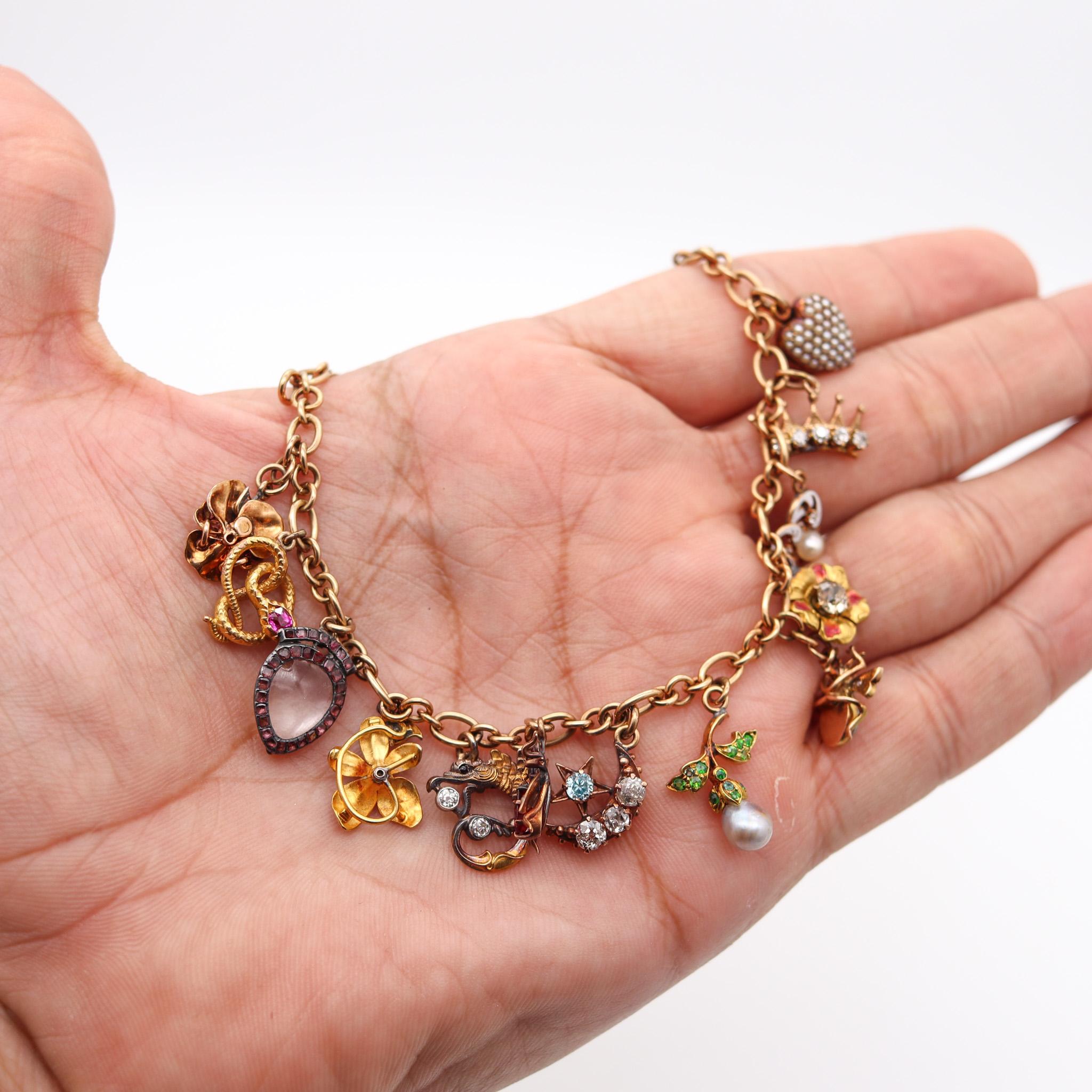 Art Nouveau 1910 Charms Bracelet In 14Kt Gold With Multi Gemstones And Enamels For Sale 2