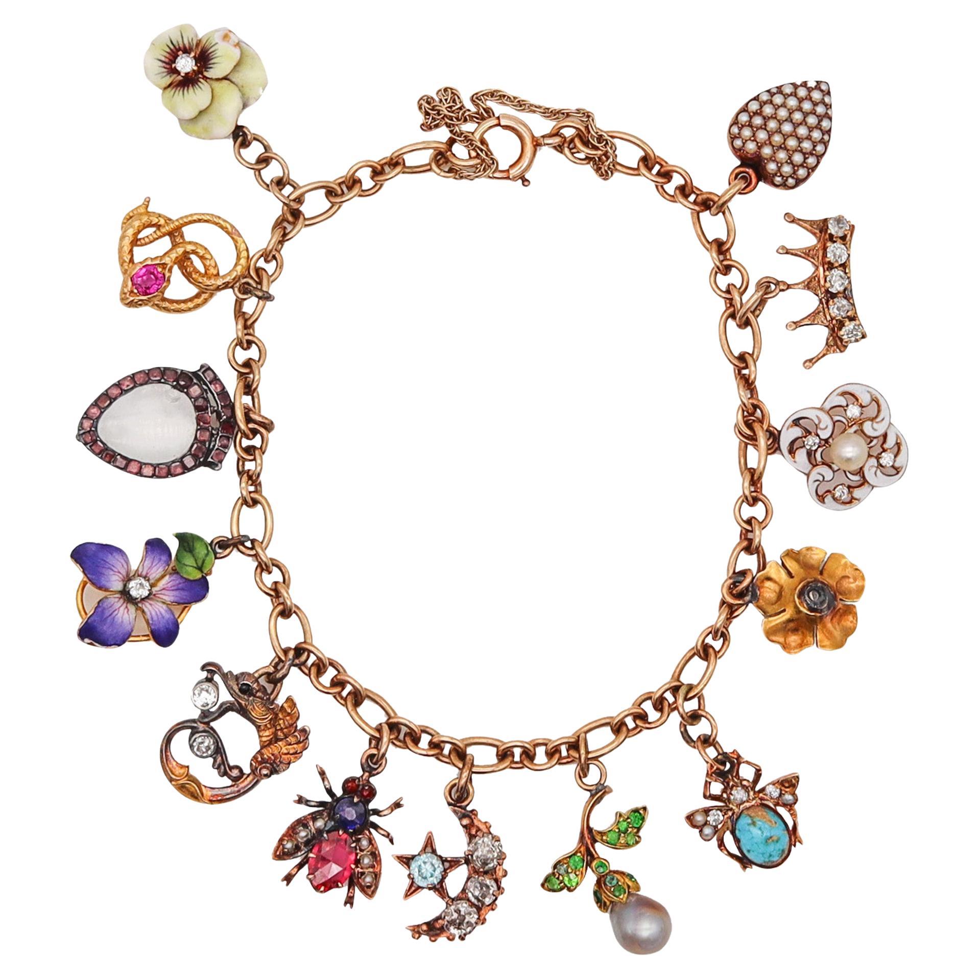 Art Nouveau 1910 Charms Bracelet In 14Kt Gold With Multi Gemstones And Enamels