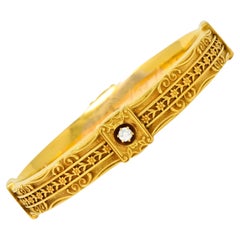 Art Nouveau 1910 Diamond 14 Karat Gold Scrolling Floral Antique Bangle Bracelet