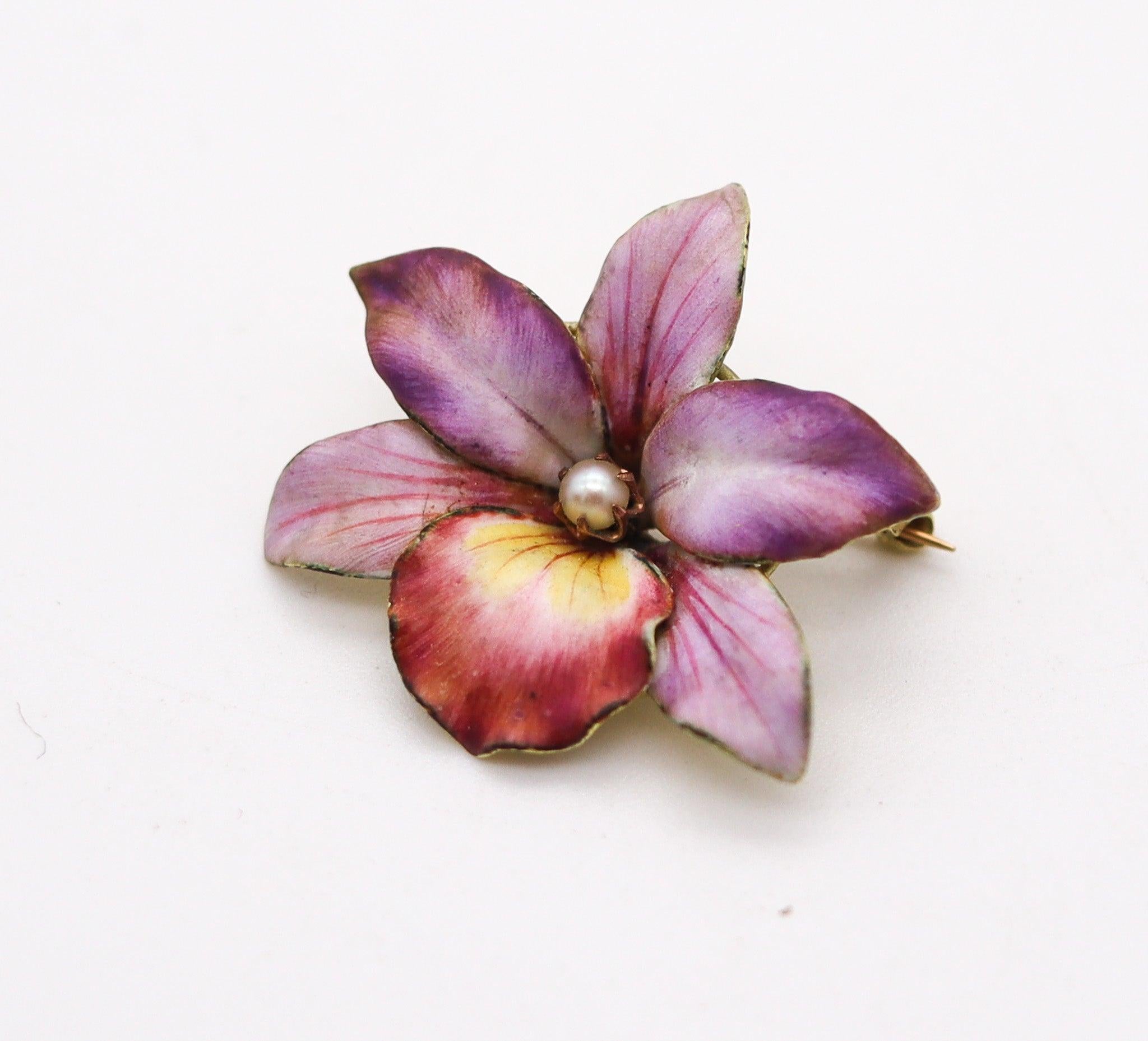 Art Nouveau ART NOUVEAU 1910 Edwardian Enamel Orchid Flower In 14Kt Gold With White Pearl