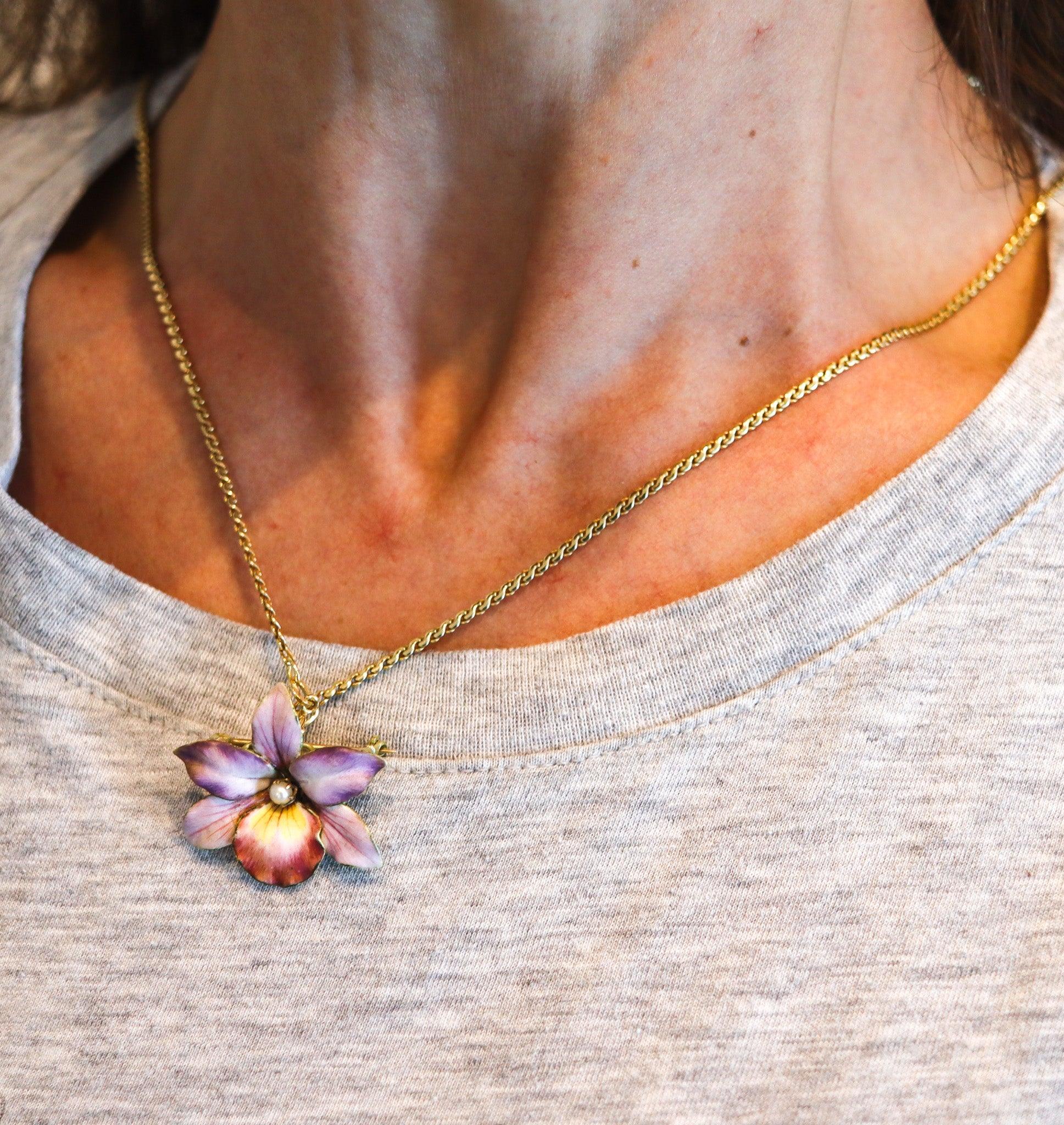 Round Cut ART NOUVEAU 1910 Edwardian Enamel Orchid Flower In 14Kt Gold With White Pearl