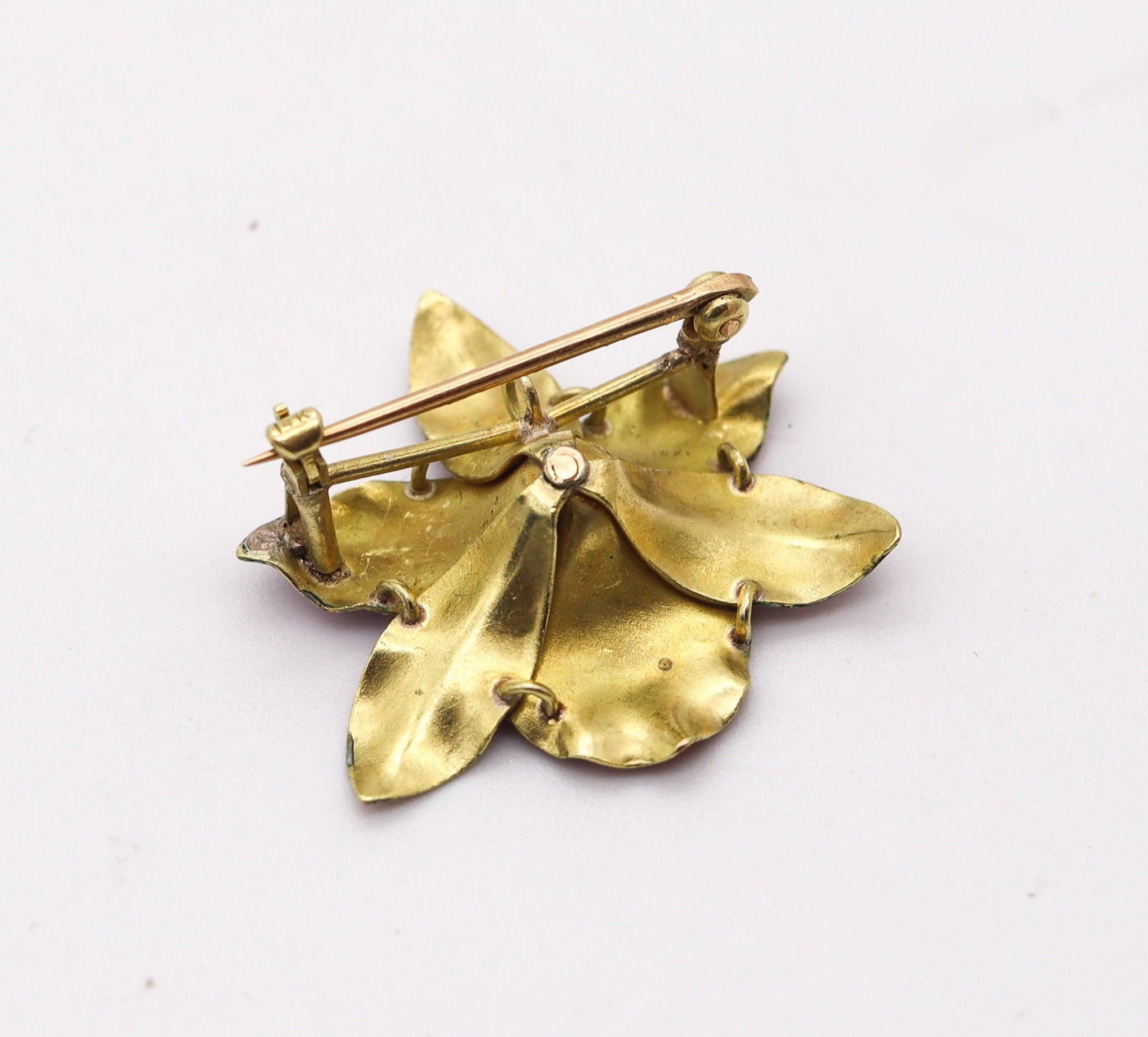 Women's ART NOUVEAU 1910 Edwardian Enamel Orchid Flower In 14Kt Gold With White Pearl