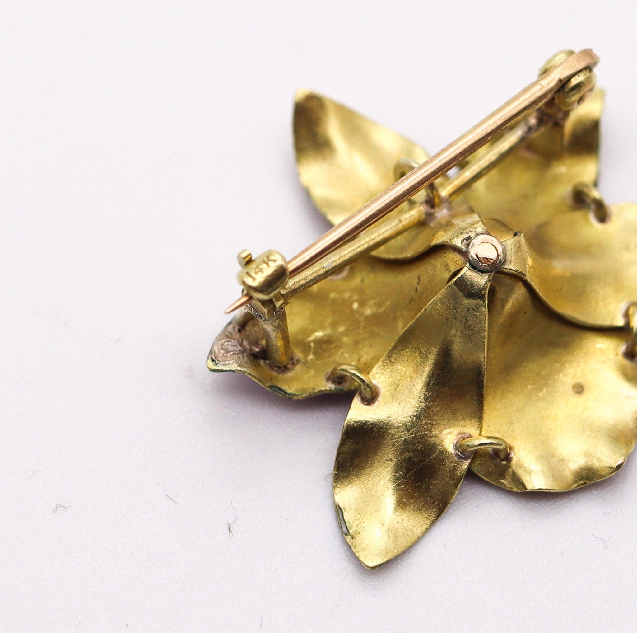 ART NOUVEAU 1910 Edwardian Enamel Orchid Flower In 14Kt Gold With White Pearl 1