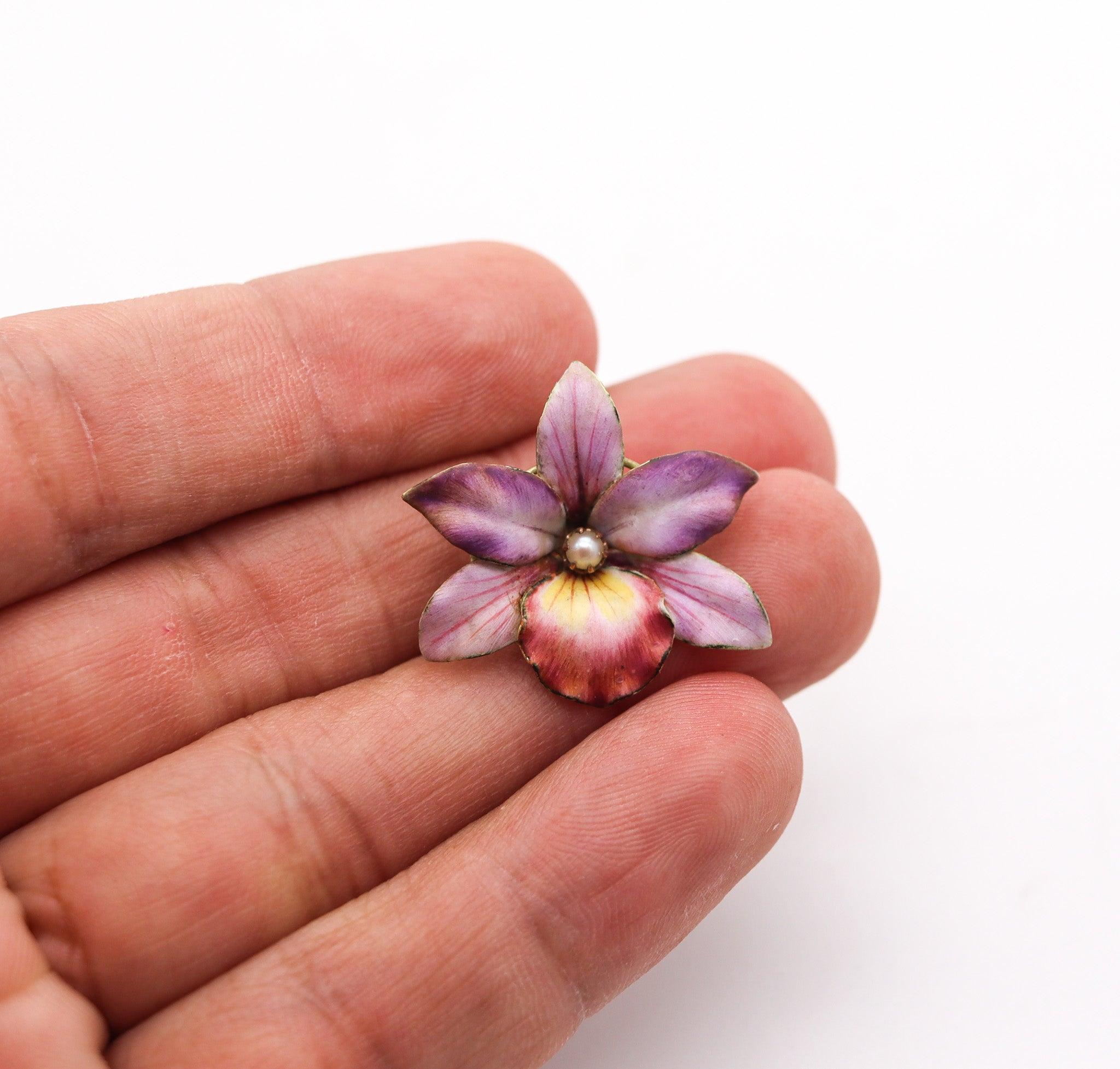 ART NOUVEAU 1910 Edwardian Enamel Orchid Flower In 14Kt Gold With White Pearl 2
