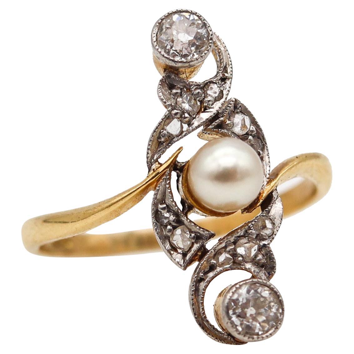 Art Nouveau 1910 Edwardian Natural Pearl Ring in 18Kt Gold with Rose Cut Diamond