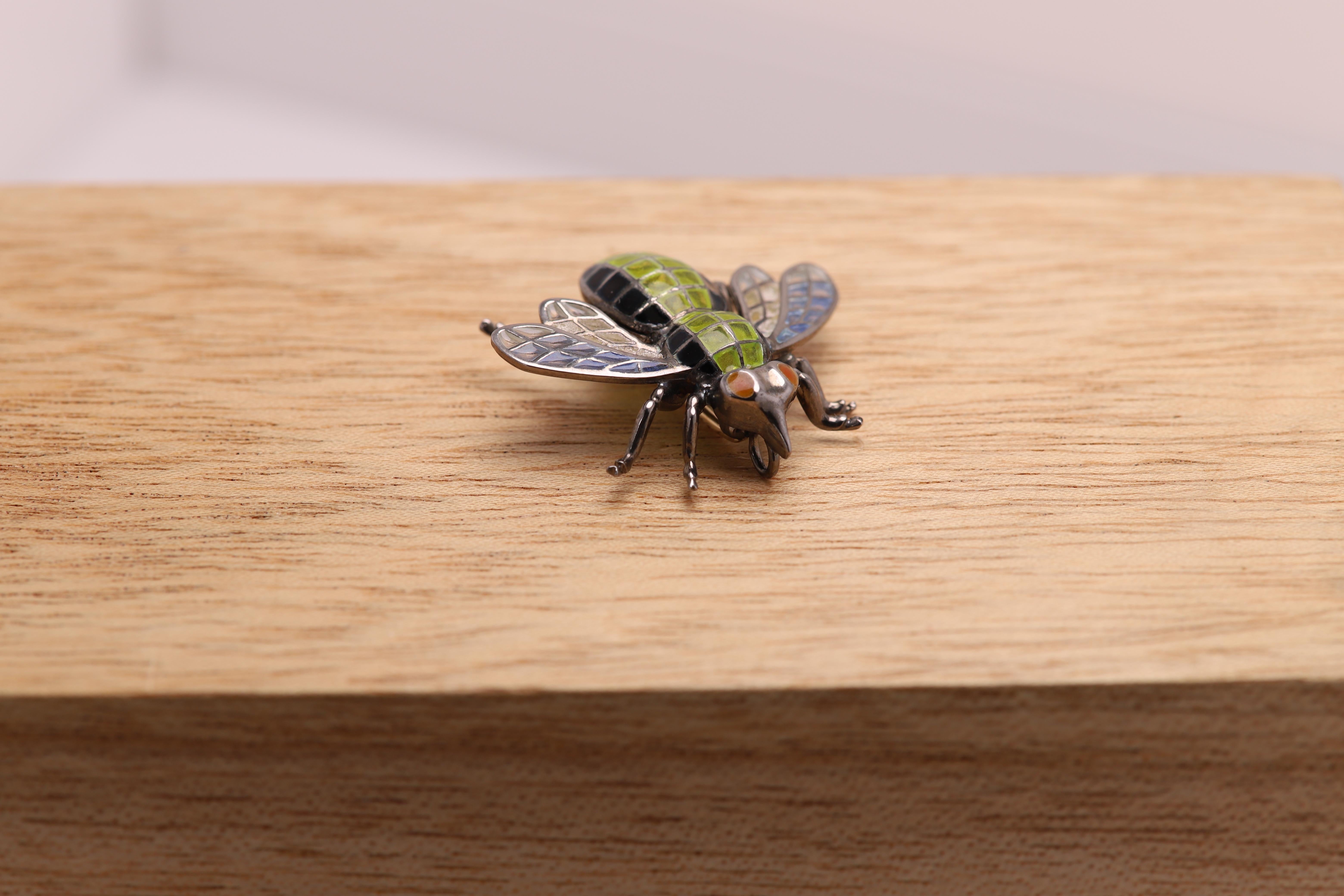 Art Nouveau 1910 Enamel Fly - Pendant & Pin Brooch Sterling Silver 925 2