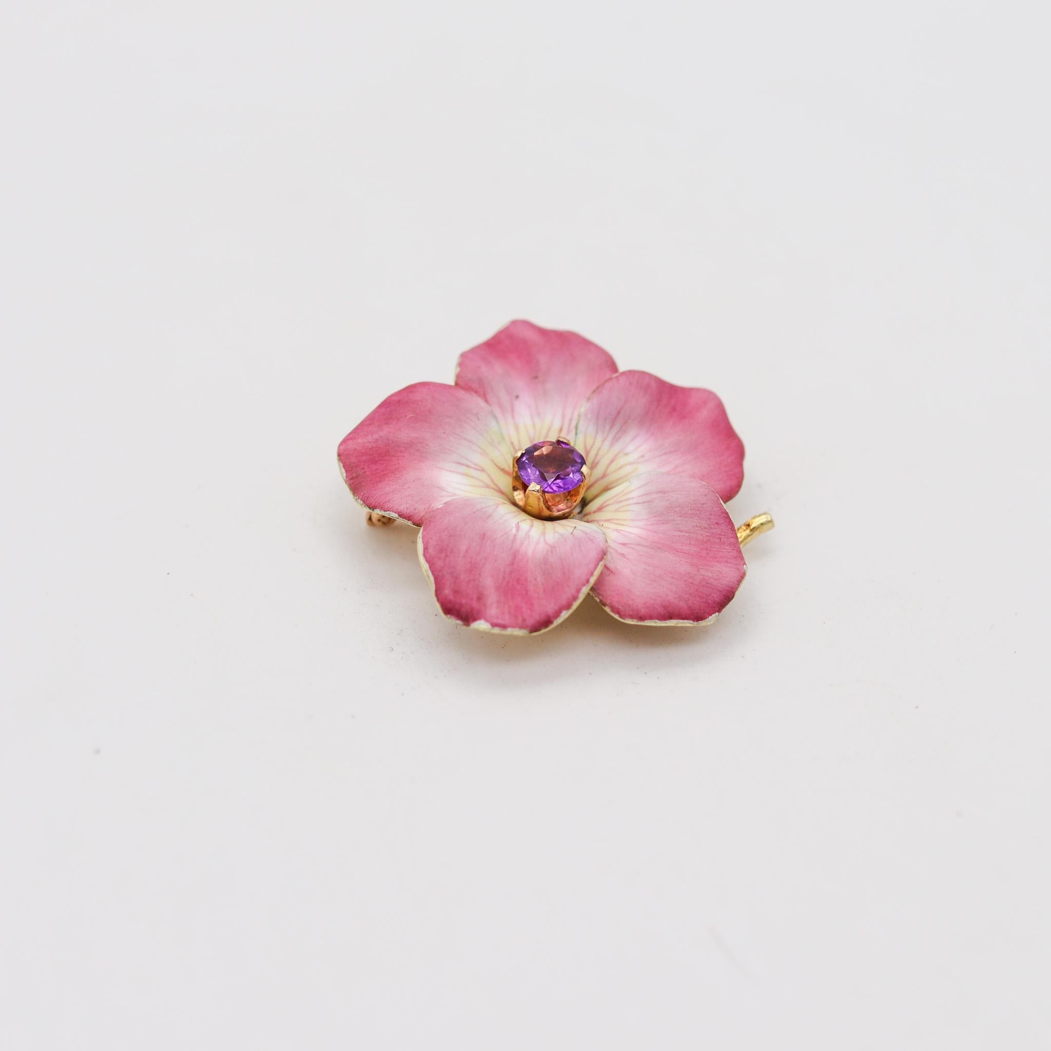 Art nouveau enameled convertible flower brooch.

Beautiful convertible pendant-brooch in the shape of a five-petals wild rose flower, created in New Jersey North America during the Art Nouveau periods, back in the 1910. This piece has been carefully