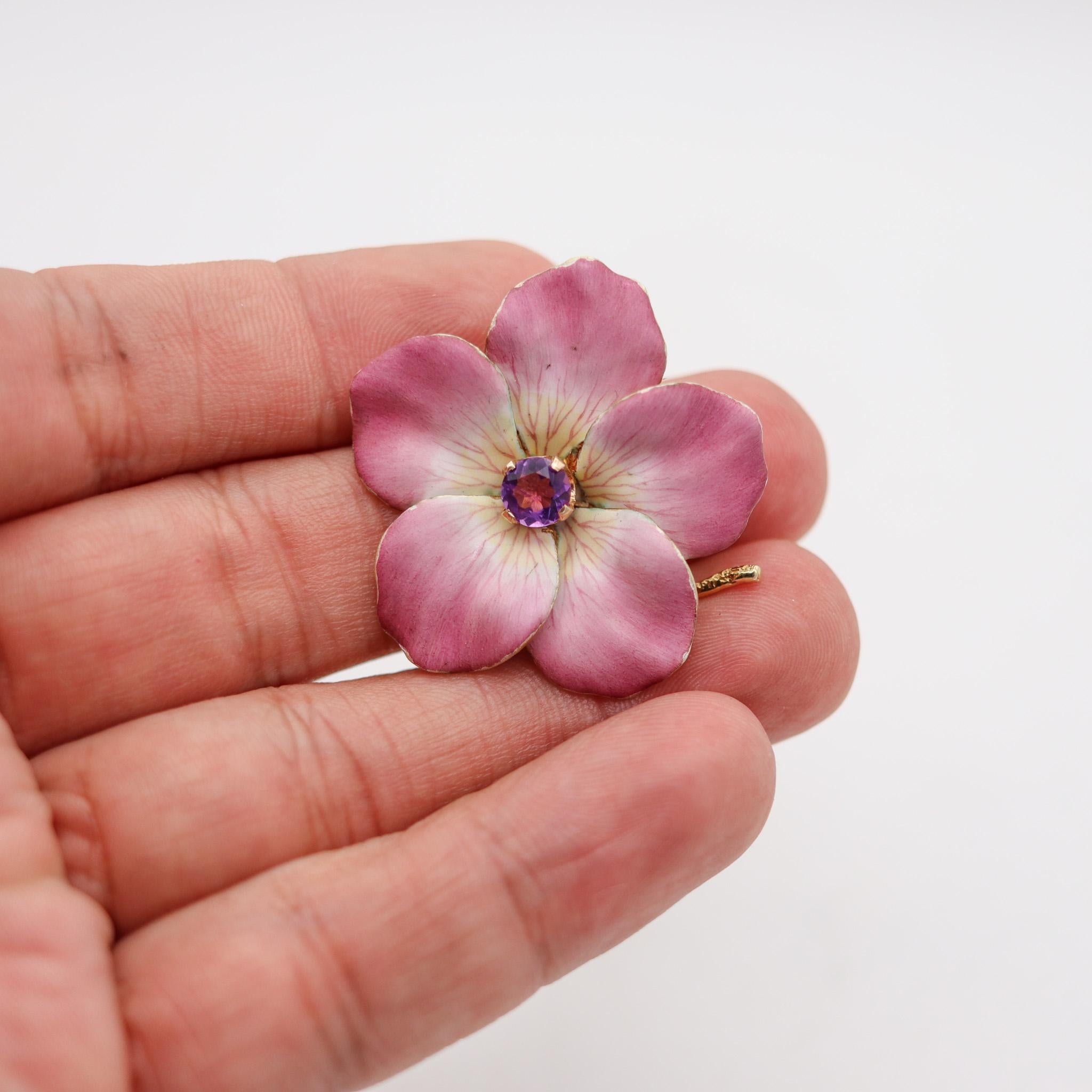 Art Nouveau 1910 Enameled Wild Rose Flower In 14Kt Yellow Gold With Amethyst For Sale 1