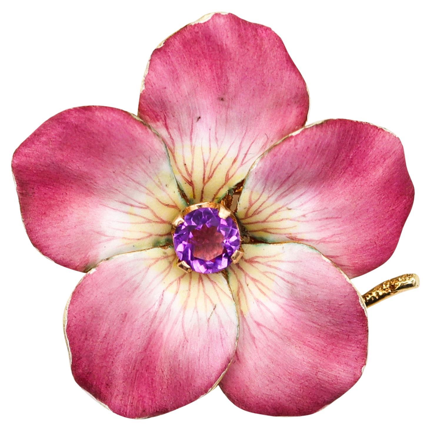 Art Nouveau 1910 Enameled Wild Rose Flower In 14Kt Yellow Gold With Amethyst