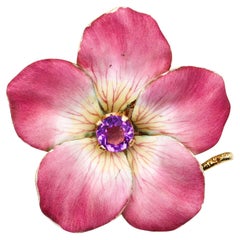 Antique Art Nouveau 1910 Enameled Wild Rose Flower In 14Kt Yellow Gold With Amethyst