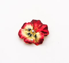 Art Nouveau 1910 Red Enamel Orchid Brooch In 18Kt Yellow Gold With VS Diamonds