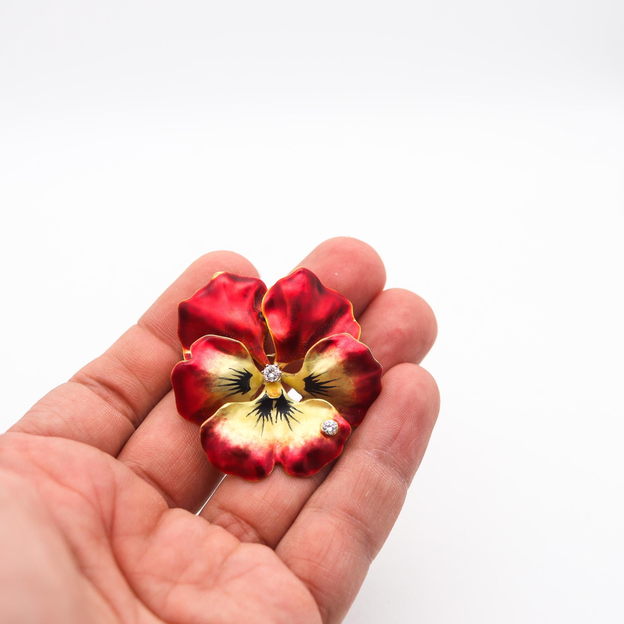 Women's Art Nouveau 1910 Red Enamel Orchid Brooch In 18Kt Yellow Gold With VS Diamonds For Sale