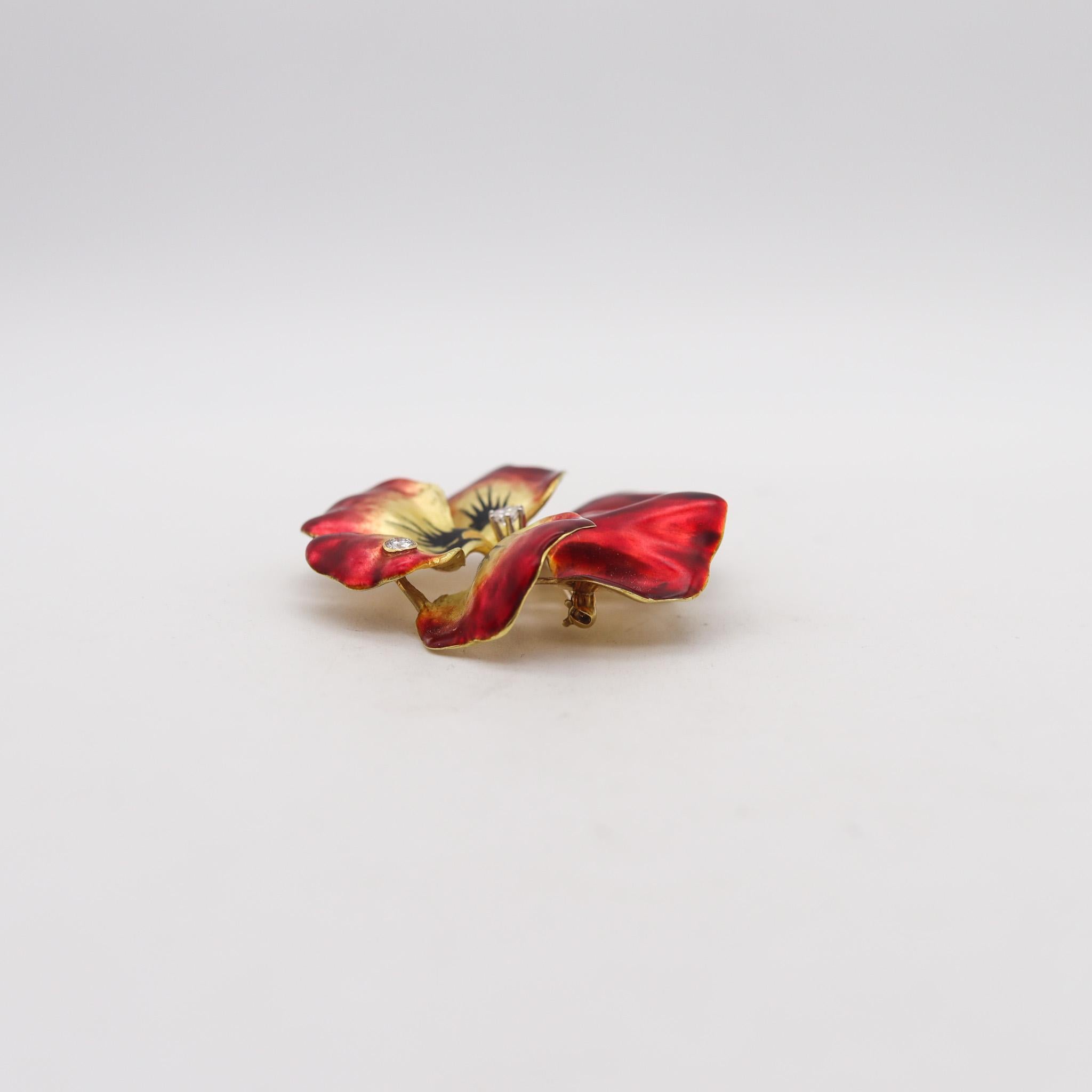 Art Nouveau 1910 Red Enamel Orchid Brooch In 18Kt Yellow Gold With VS Diamonds For Sale 1