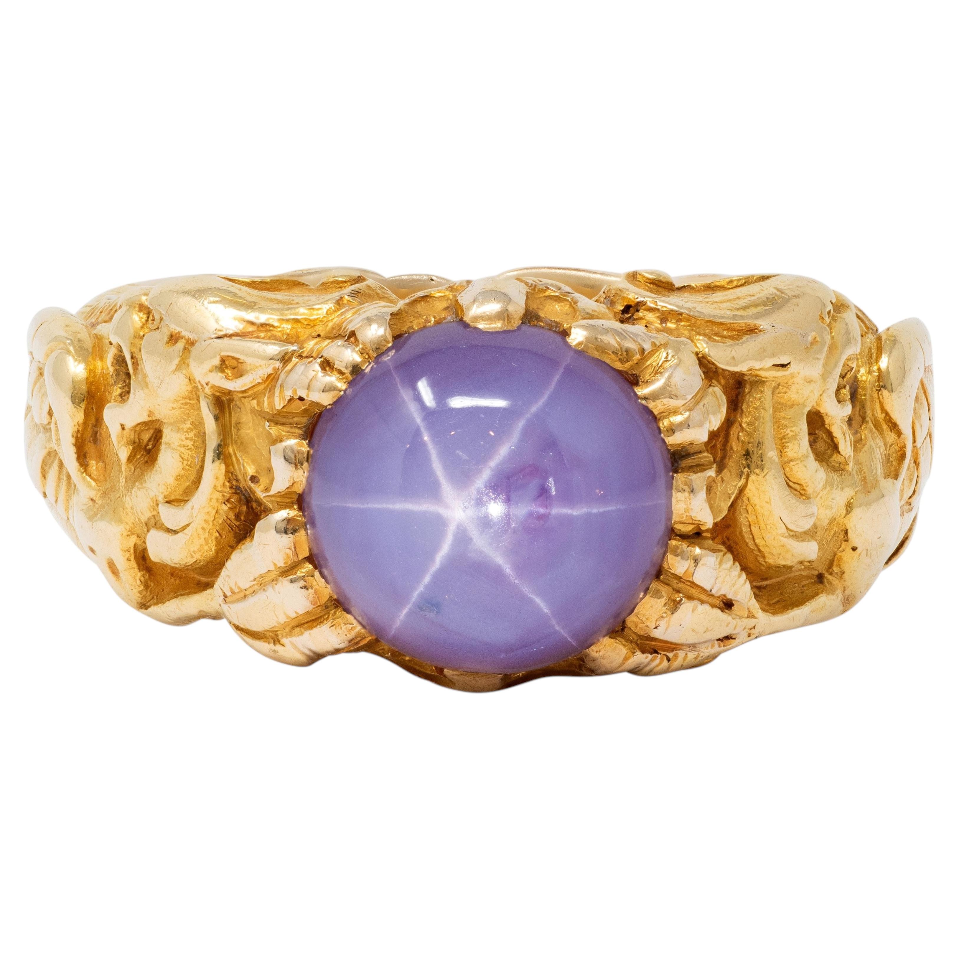 Art Nouveau 1911 Star Sapphire 18 Karat Yellow Gold Antique Unisex Griffon Ring