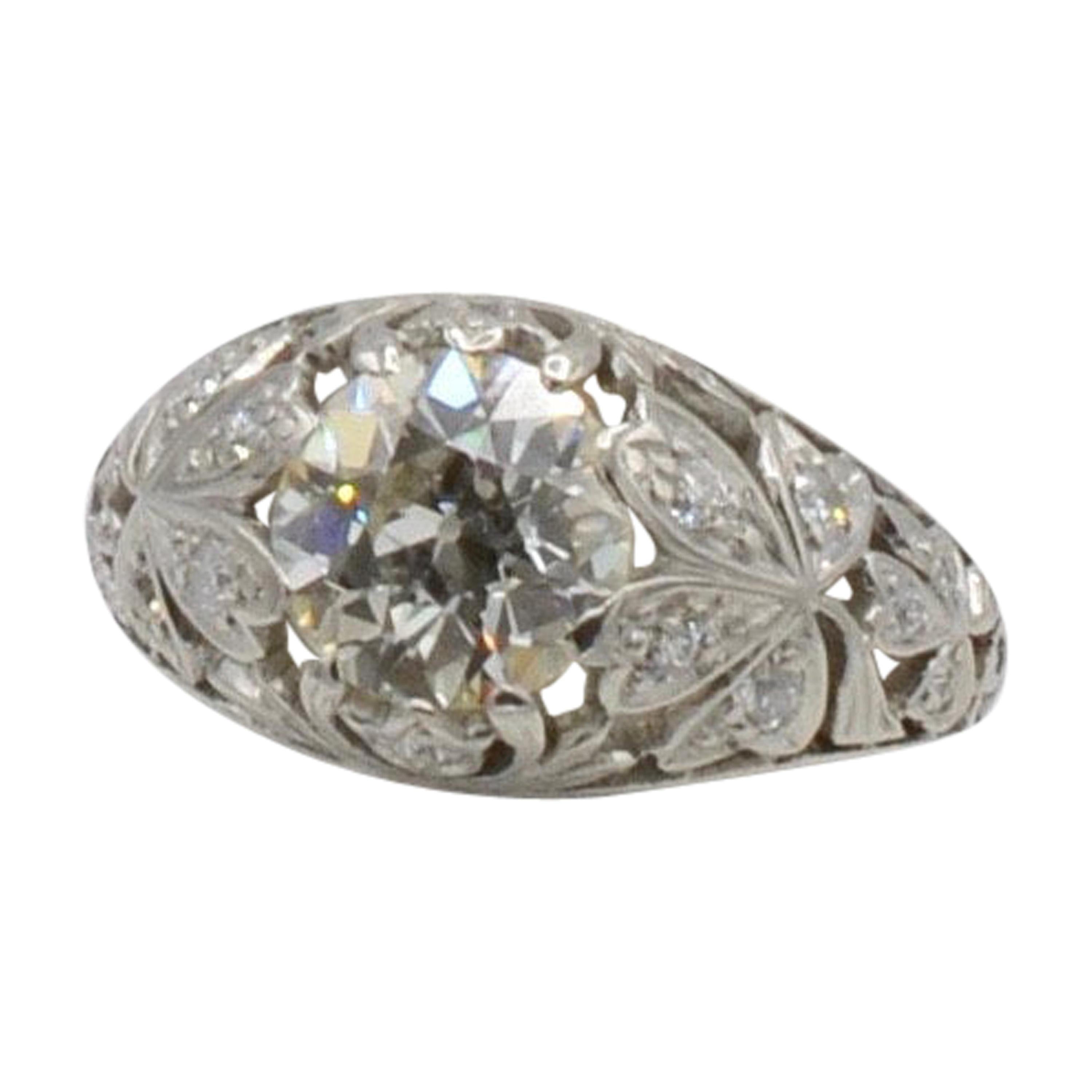 Art Nouveau 1930s 1.65 Carat Old European Mine Cut Diamond and Platinum Ring For Sale