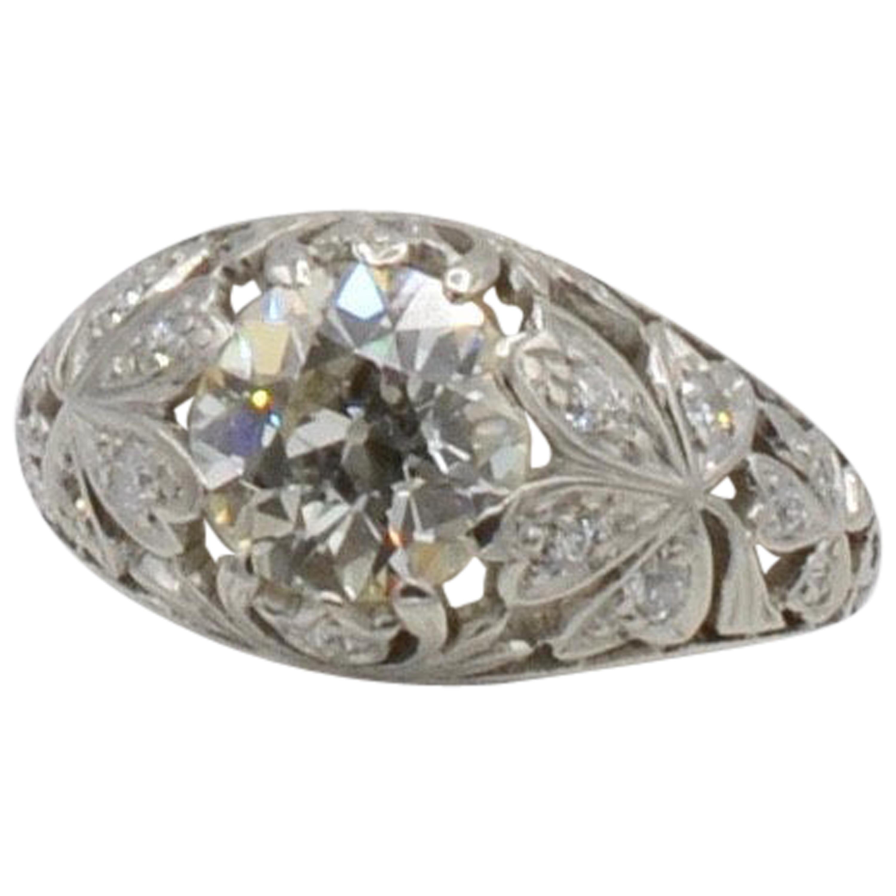 Art Nouveau 1930s 1.65 Carat Old European Mine Cut Diamond and Platinum Ring