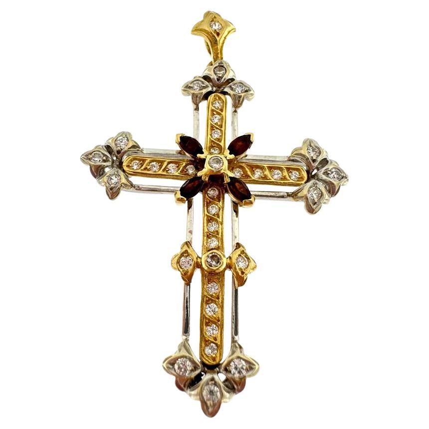 Portugiesisches Jugendstilkreuz aus 19 Karat Gold im Jugendstil mit Granaten und Zirkonen im Angebot
