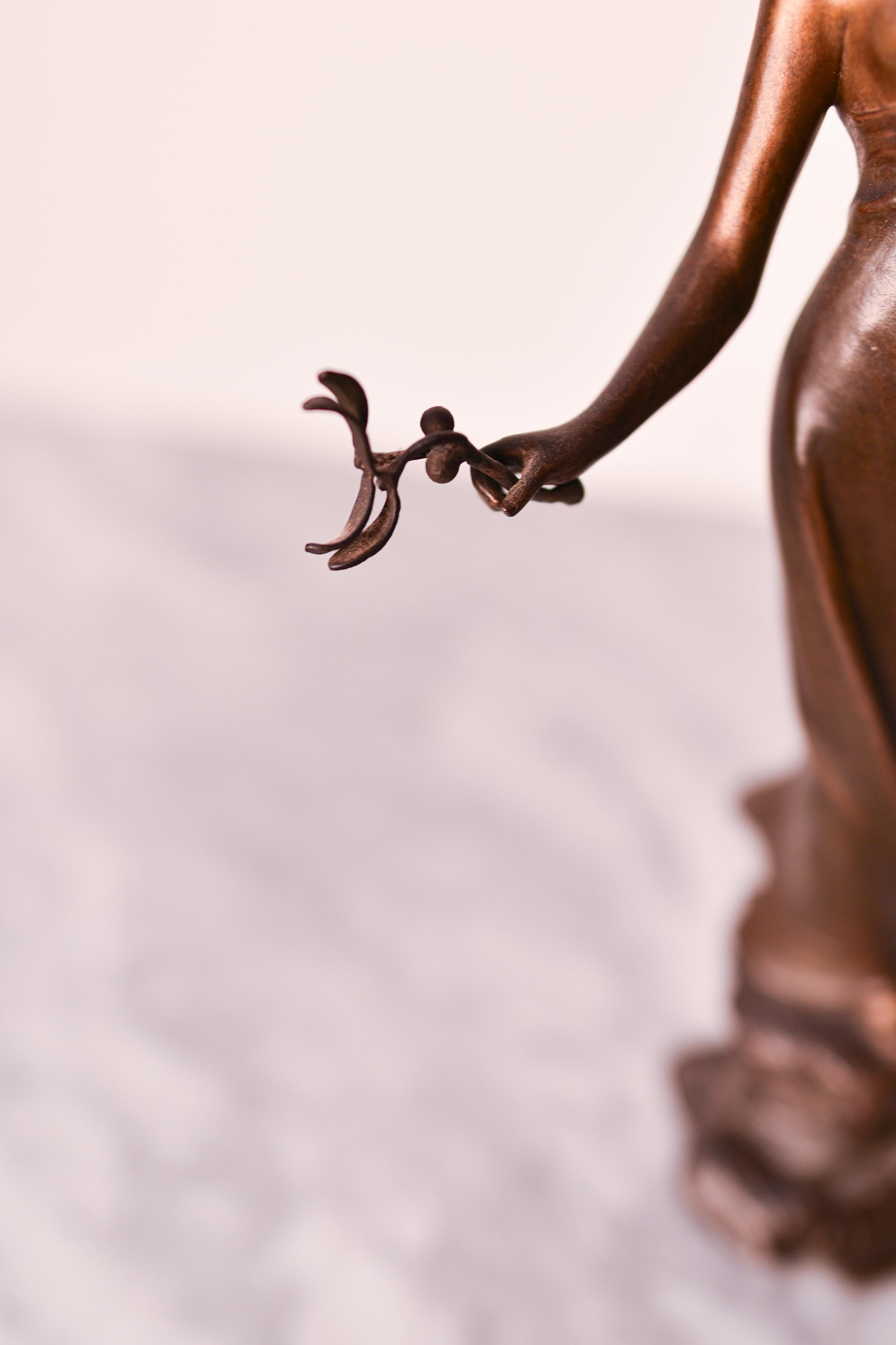 19th Century Art Nouveau 19th century bronze statue of woman holding a mistletoe, by Monmany