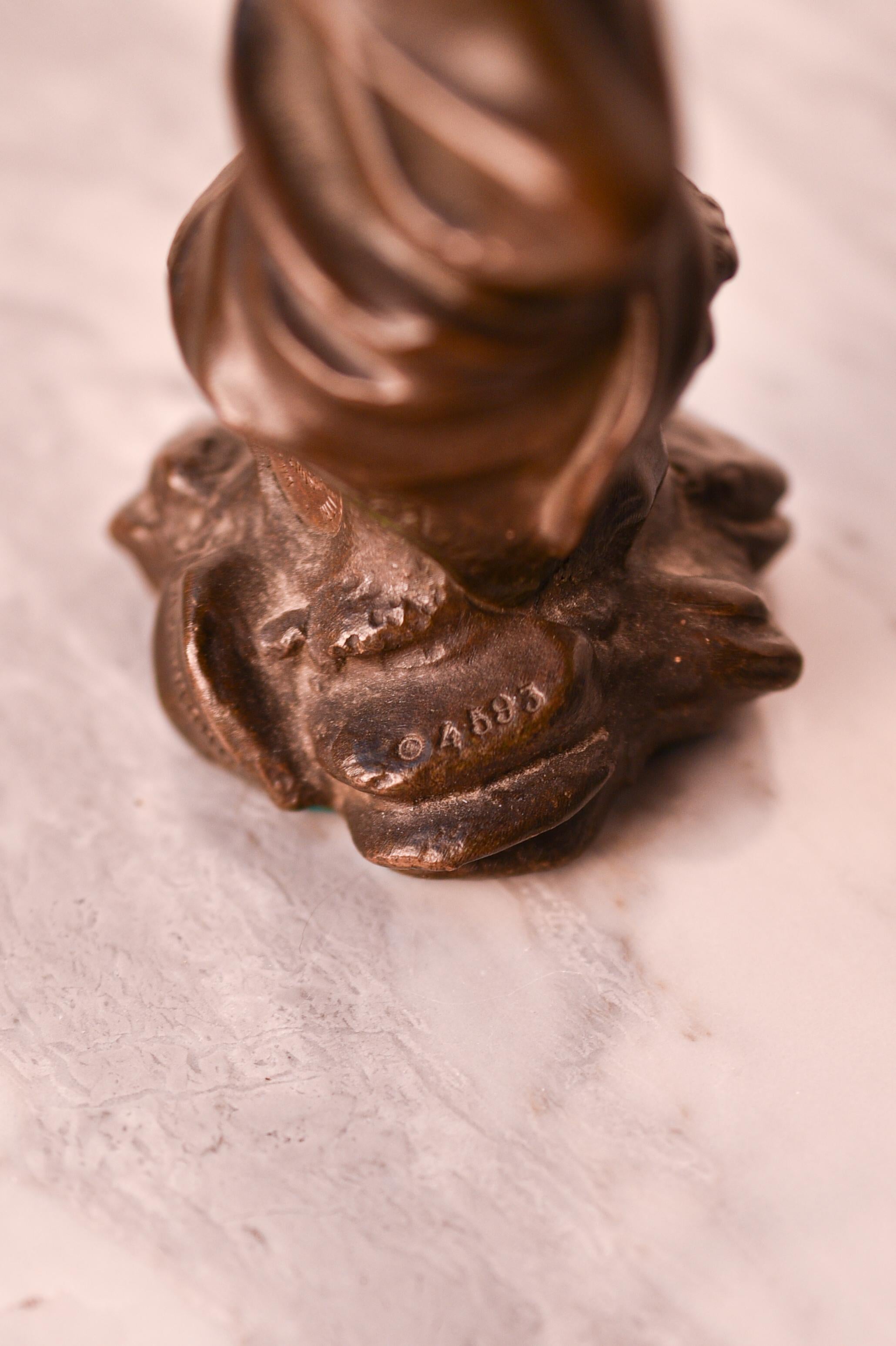 Art Nouveau 19th century bronze statue of woman holding a mistletoe, by Monmany 1