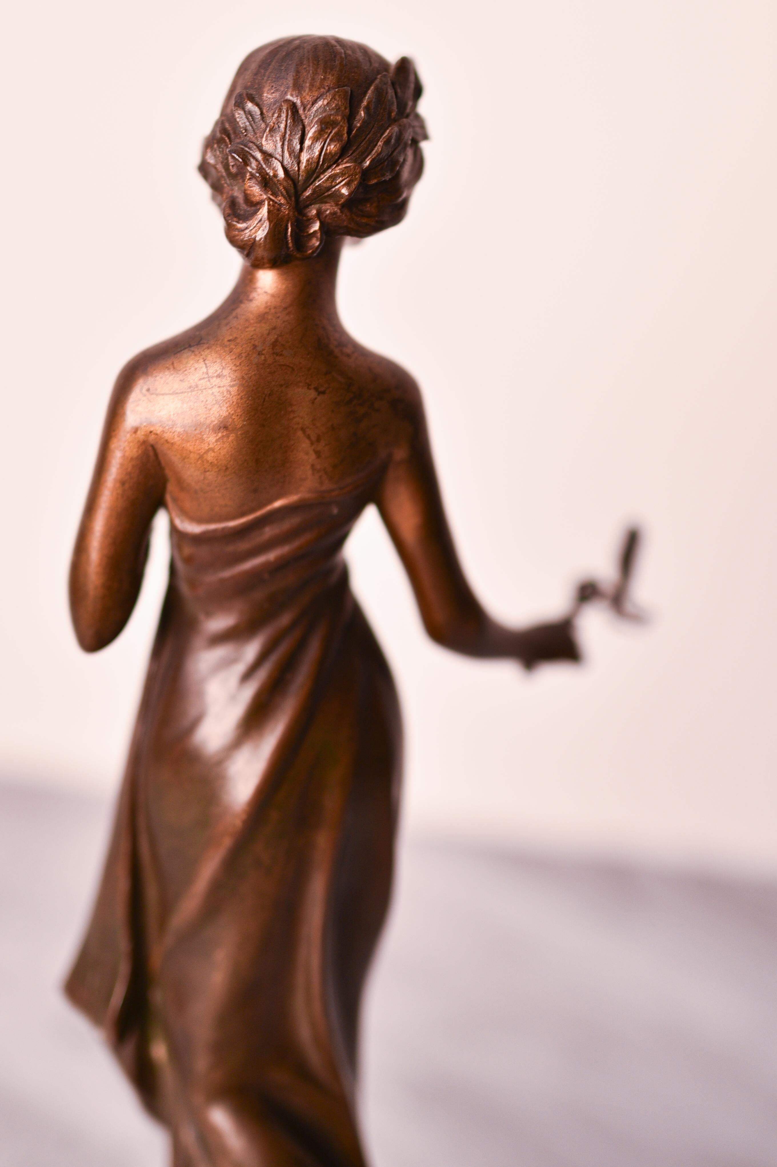 Art Nouveau 19th century bronze statue of woman holding a mistletoe, by Monmany 2