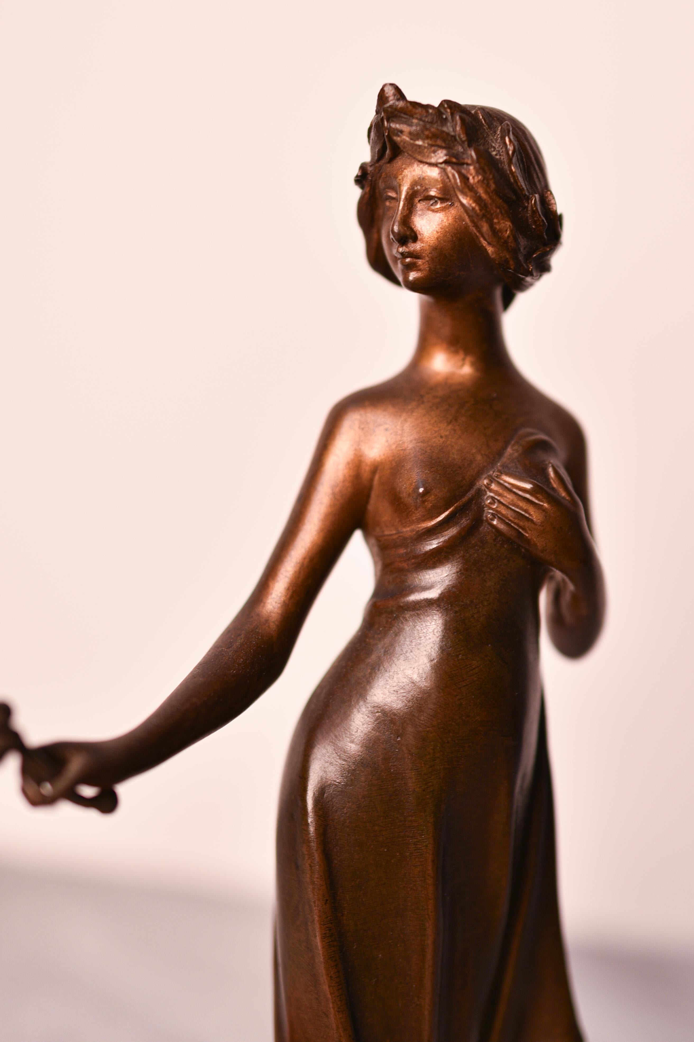 Art Nouveau 19th century bronze statue of woman holding a mistletoe, by Monmany 3