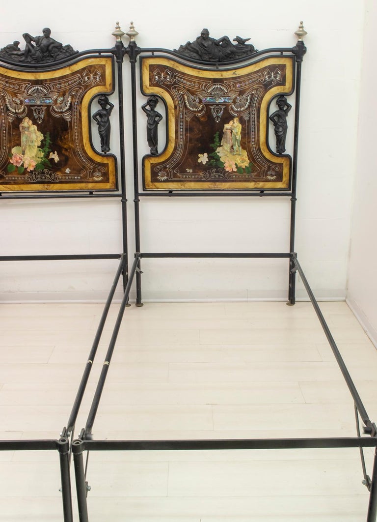 Art Nouveau 19th Century Italian Hand Painted Iron Double Bed at