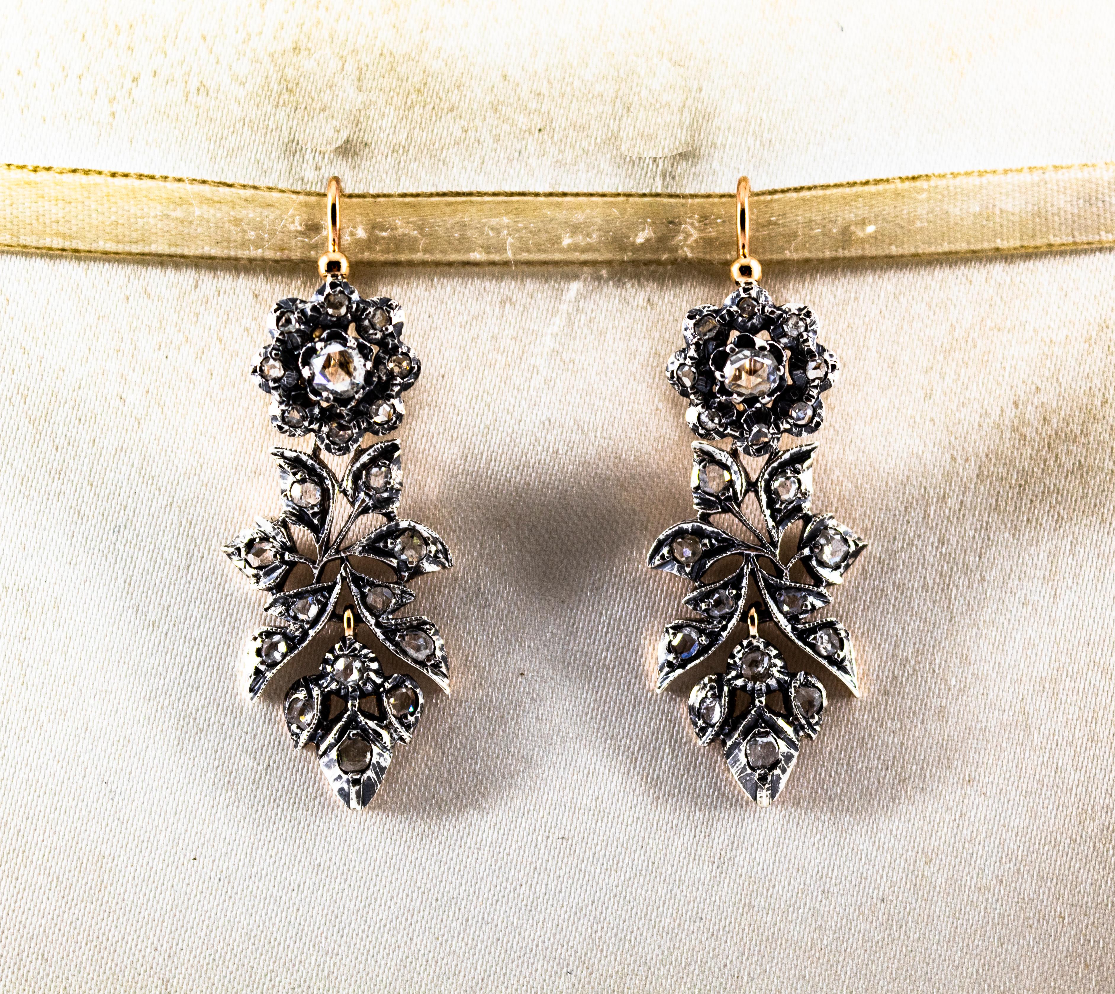 Art nouveau Boucles d'oreilles à levier Art Nouveau en or jaune avec diamants blancs taille rose de 2,00 carats en vente