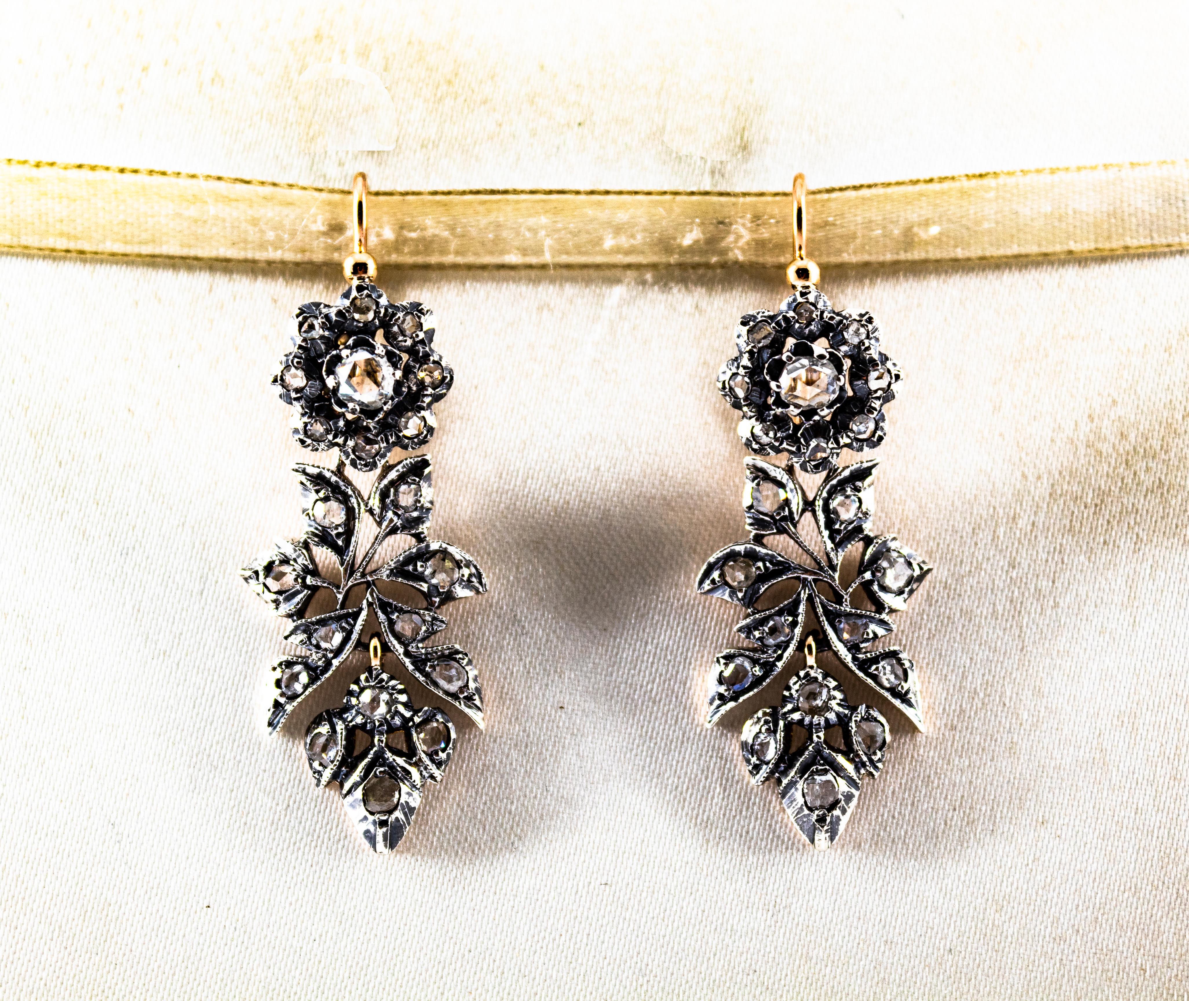 Taille rose Boucles d'oreilles à levier Art Nouveau en or jaune avec diamants blancs taille rose de 2,00 carats en vente