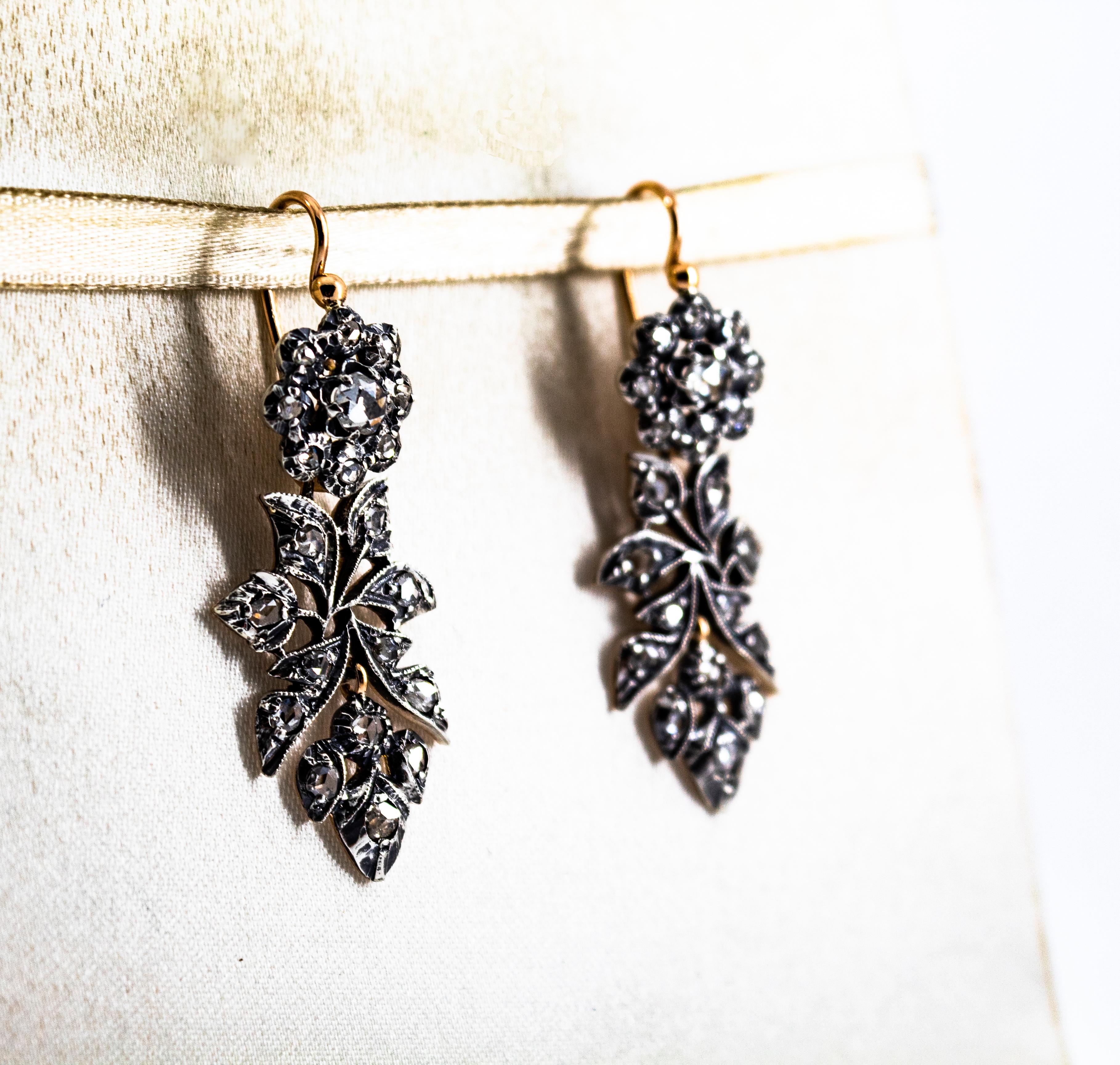 Boucles d'oreilles à levier Art Nouveau en or jaune avec diamants blancs taille rose de 2,00 carats Unisexe en vente