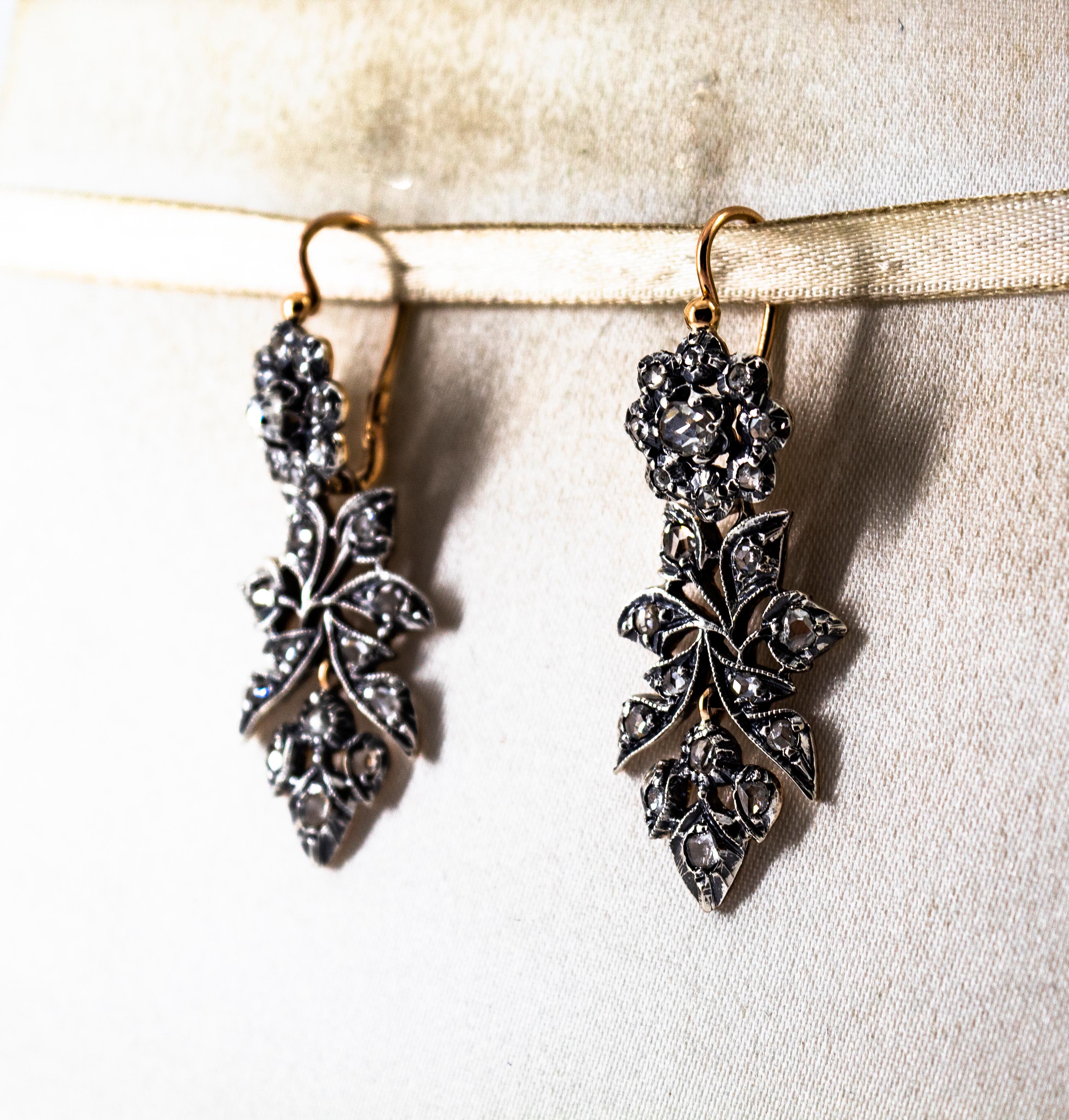 Boucles d'oreilles à levier Art Nouveau en or jaune avec diamants blancs taille rose de 2,00 carats en vente 1