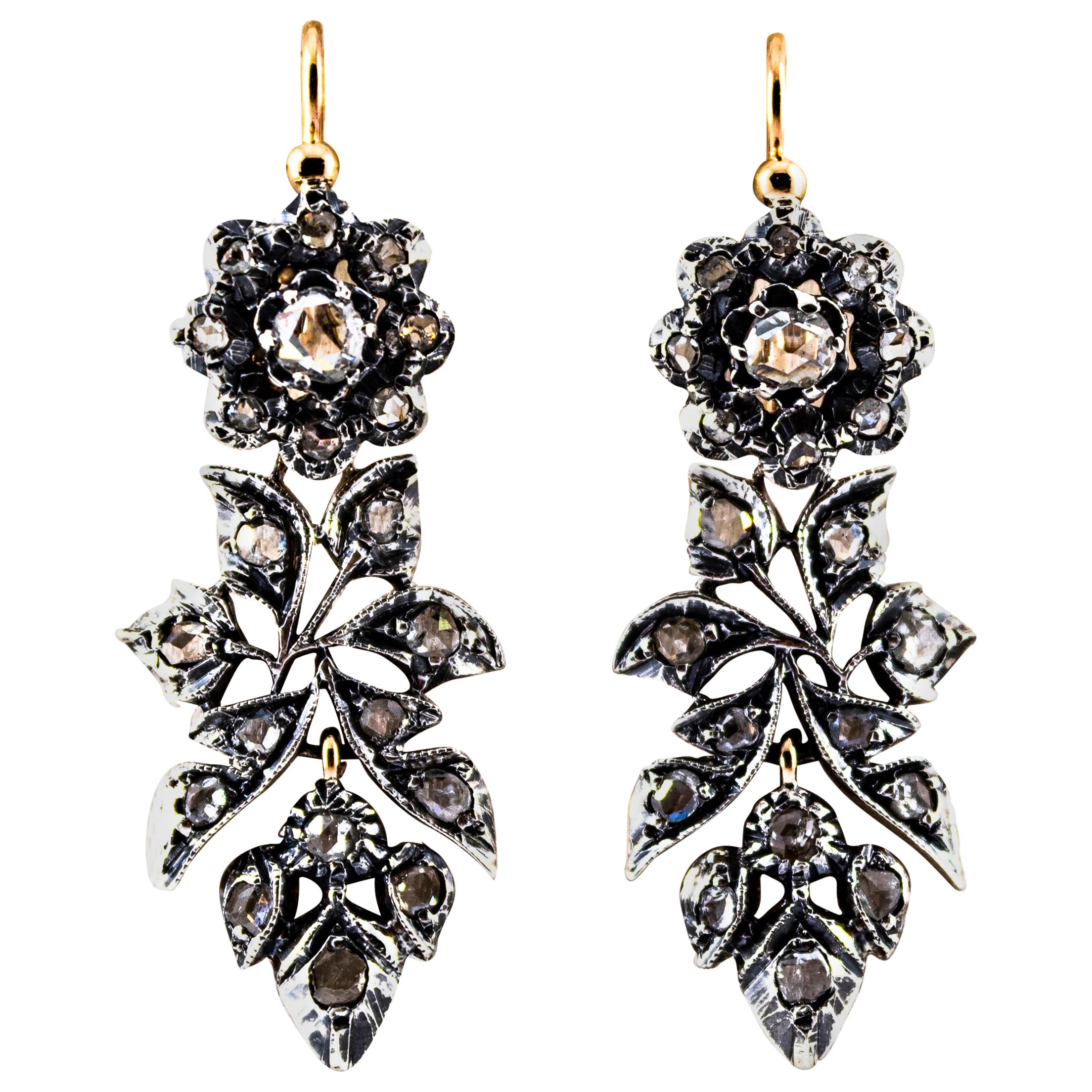 Art Nouveau 2.00 Carat White Rose Cut Diamonds Yellow Gold Lever-Back Earrings For Sale