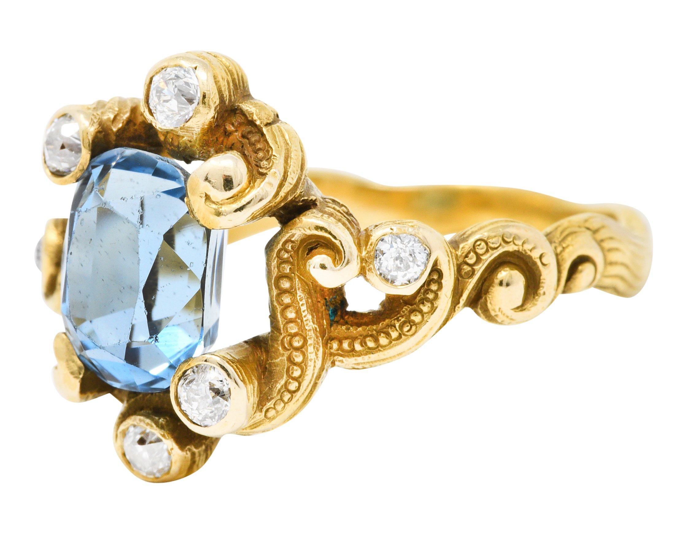 Women's or Men's Art Nouveau 2.00 CTW Aquamarine Diamond 14 Karat Gold Whiplash Ring