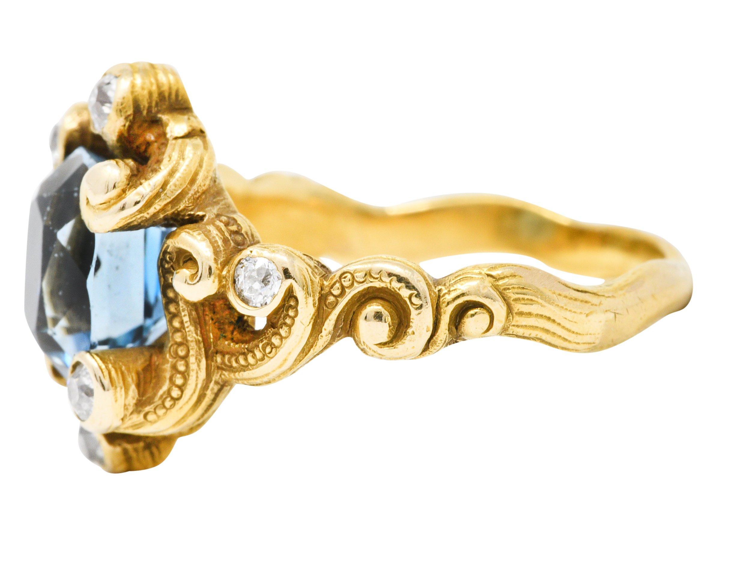 Art Nouveau 2.00 CTW Aquamarine Diamond 14 Karat Gold Whiplash Ring 1