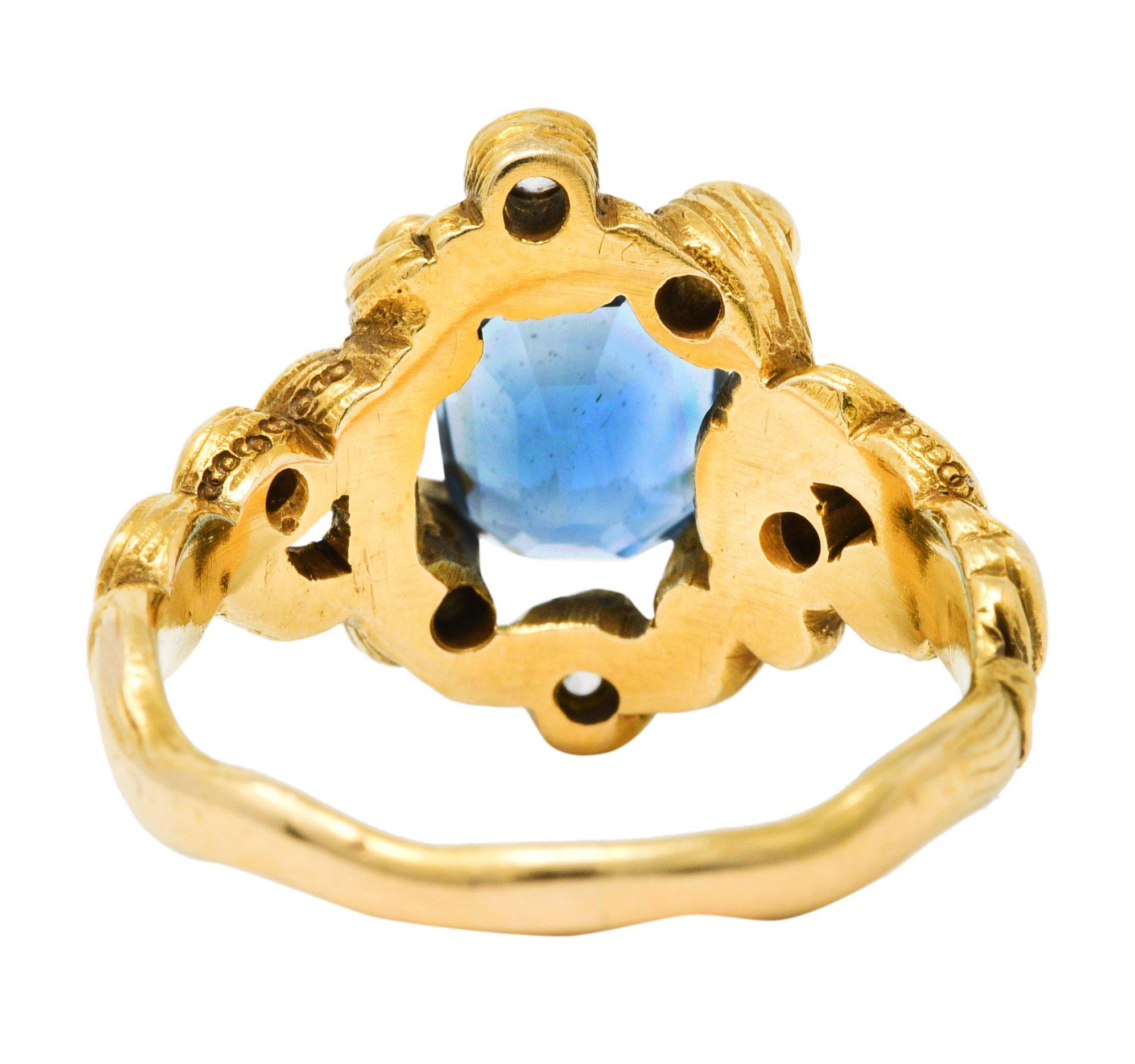 Art Nouveau 2.00 CTW Aquamarine Diamond 14 Karat Gold Whiplash Ring In Excellent Condition In Philadelphia, PA