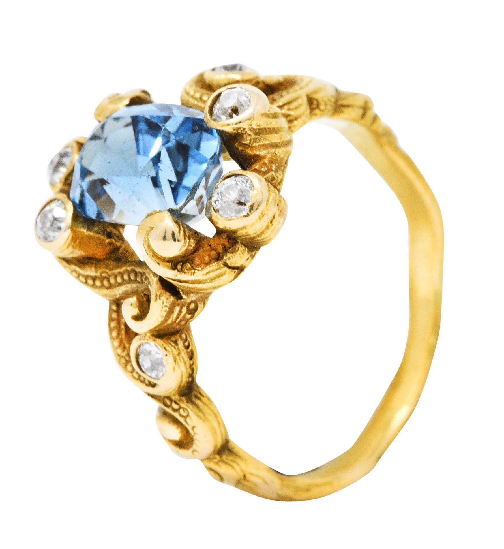 Art Nouveau 2.00 CTW Aquamarine Diamond 14 Karat Gold Whiplash Ring 3