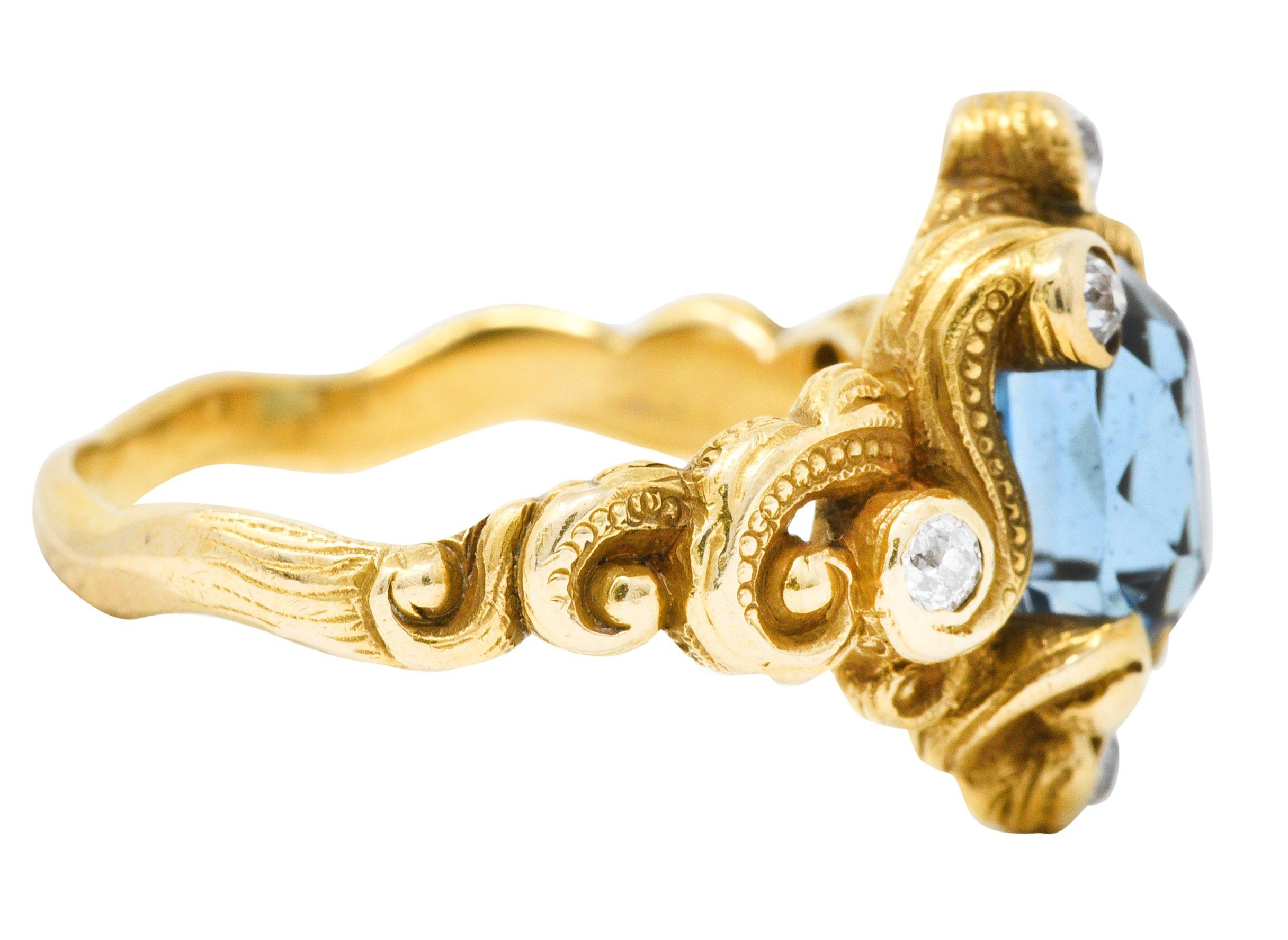 Cushion Cut Art Nouveau 2.00 CTW Aquamarine Diamond 14 Karat Gold Whiplash Ring