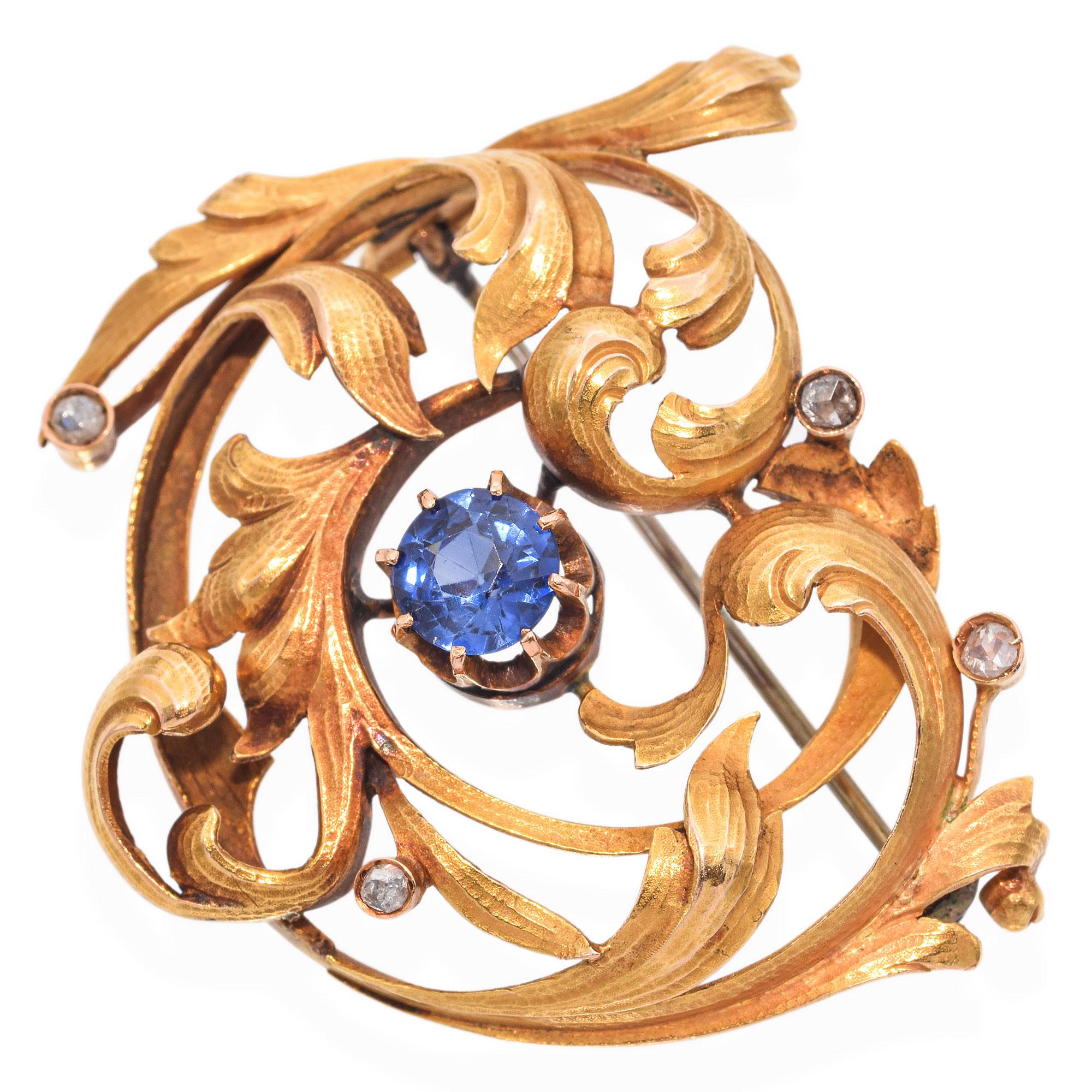 Taglio rotondo Spilla Art Nouveau in oro giallo 20 carati con zaffiro sintetico e diamanti taglio rosa