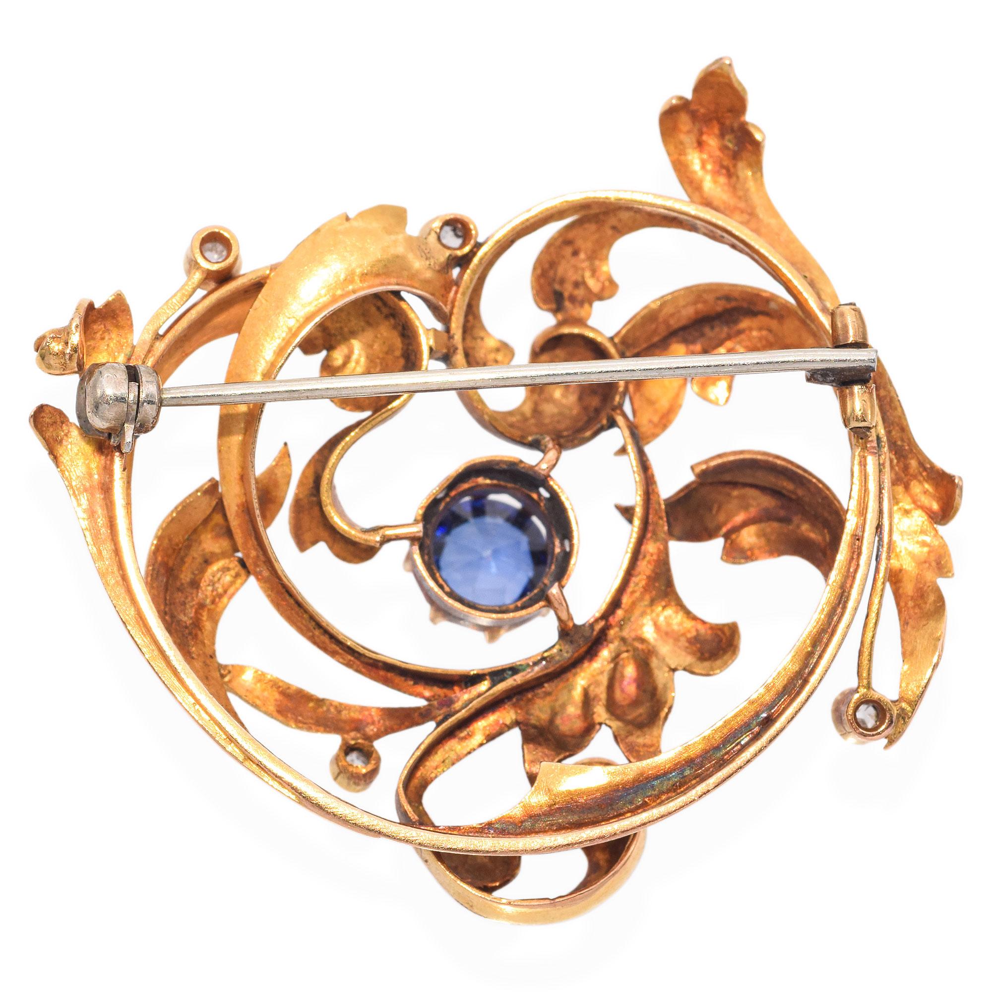 Donna Spilla Art Nouveau in oro giallo 20 carati con zaffiro sintetico e diamanti taglio rosa