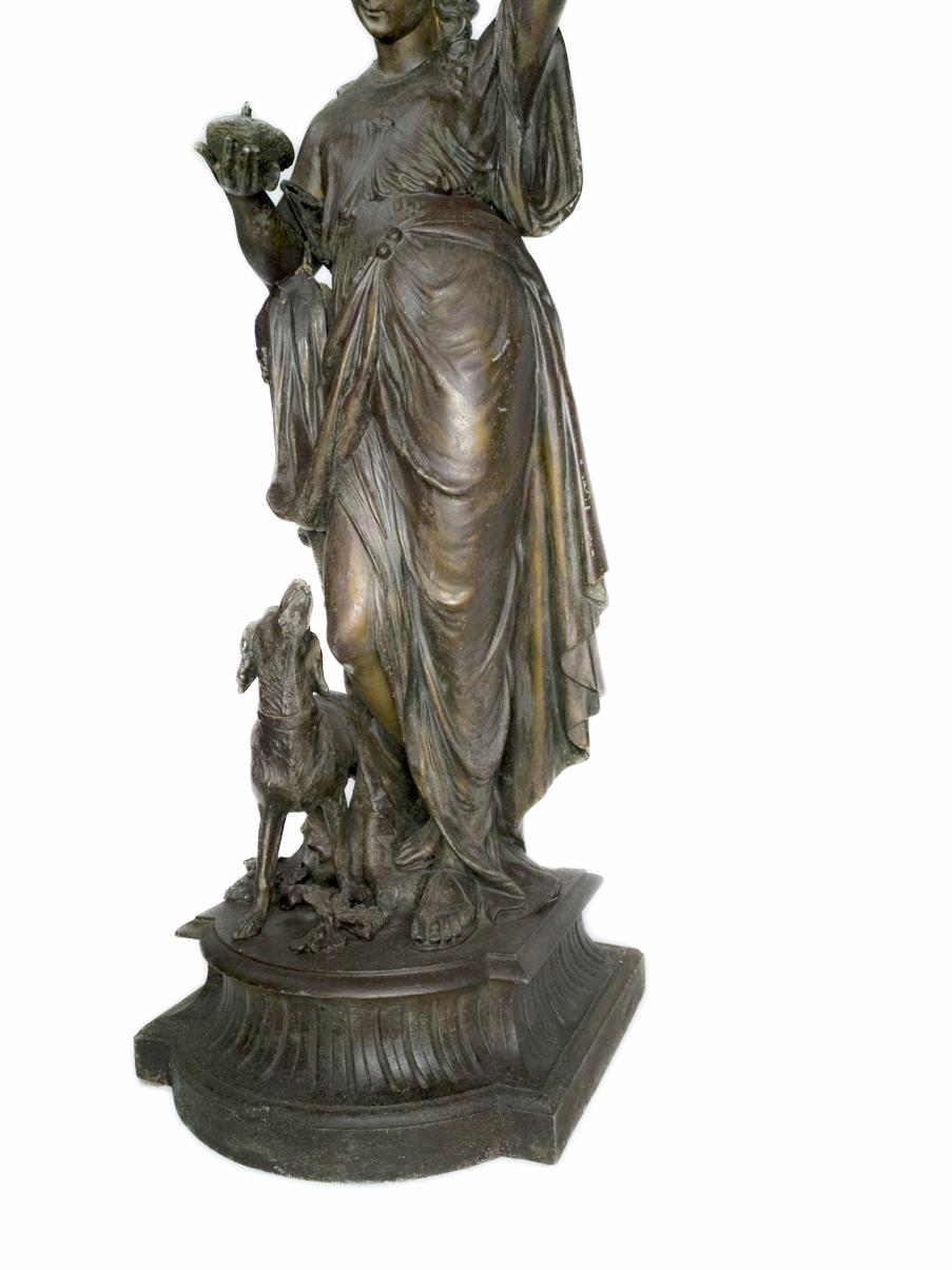 French Art Nouveau 20th Century Spelter Woman Sculpture & Yellow Glass Lamp