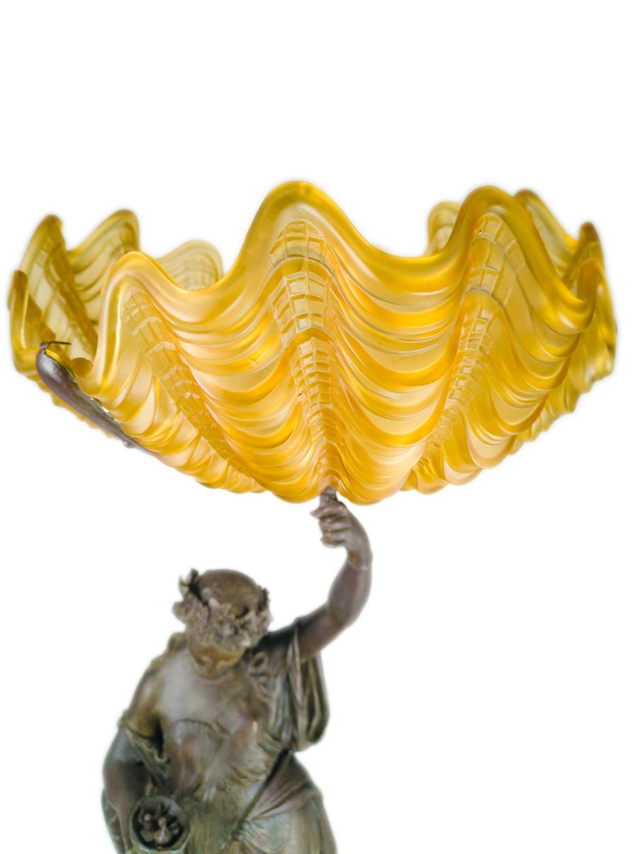 Patinated Art Nouveau 20th Century Spelter Woman Sculpture & Yellow Glass Lamp