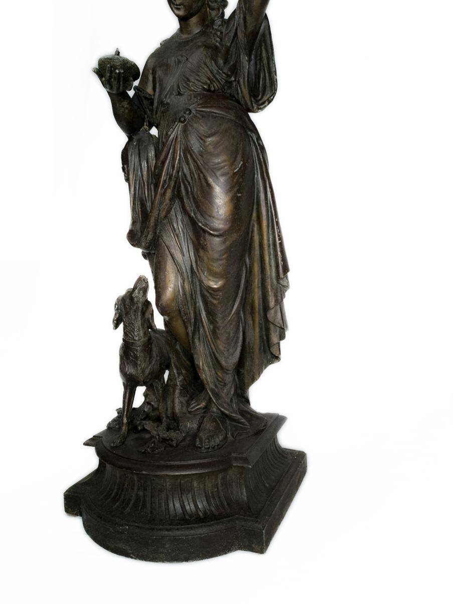 Art Nouveau 20th Century Spelter Woman Sculpture & Yellow Glass Lamp In Good Condition In Lisbon, PT