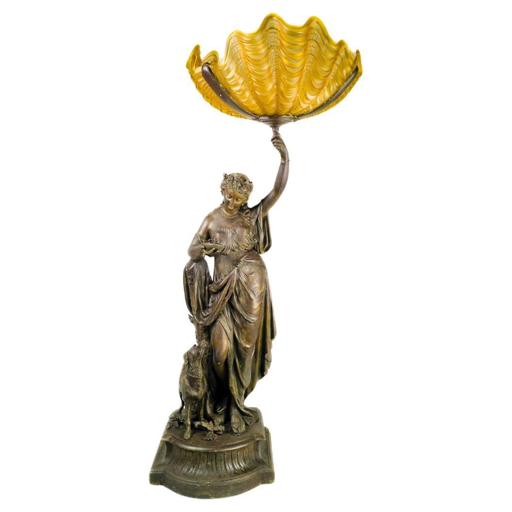 Art Nouveau 20th Century Spelter Woman Sculpture & Yellow Glass Lamp For Sale