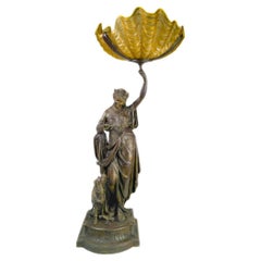 Art Nouveau 20th Century Spelter Woman Sculpture & Yellow Glass Lamp