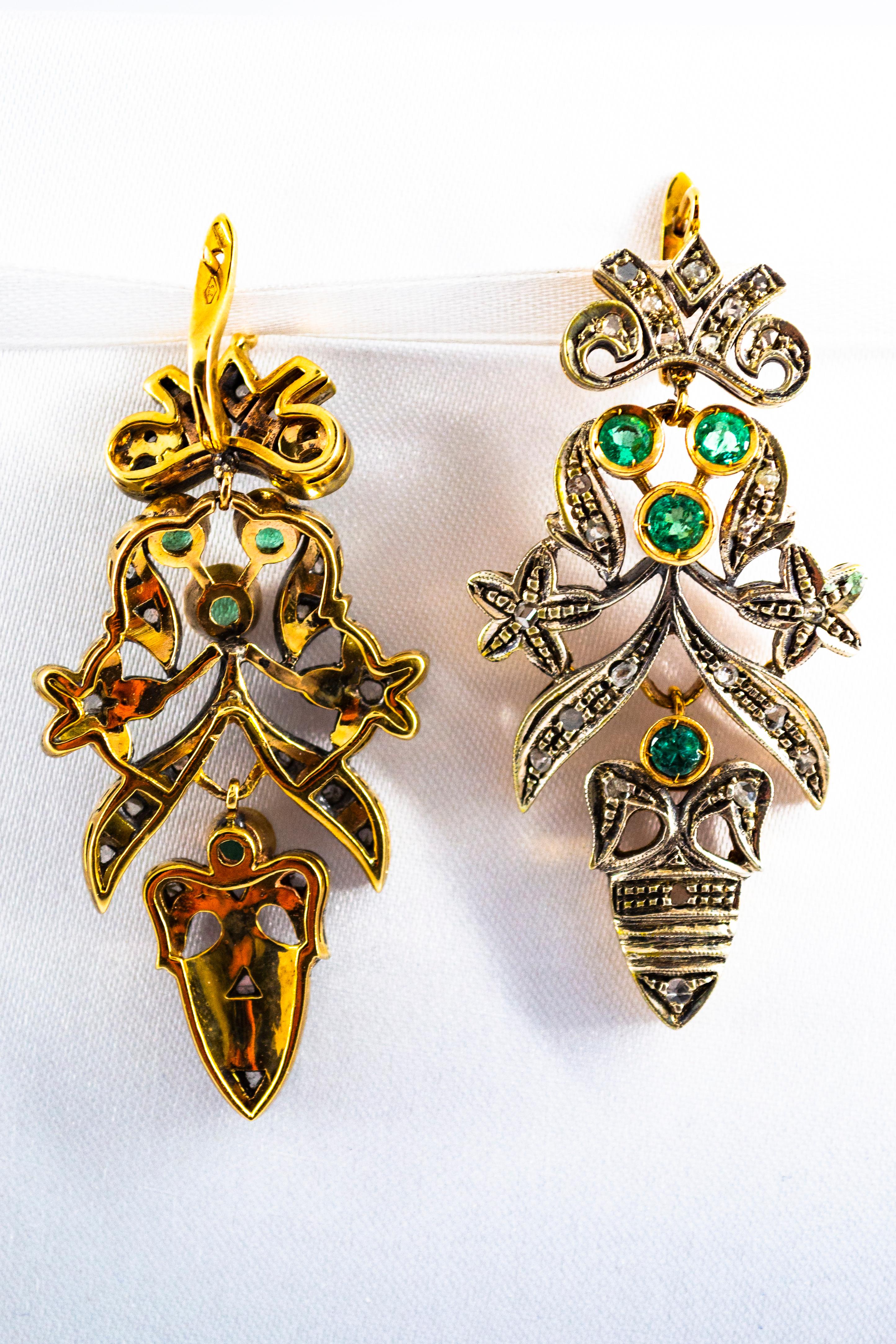 Art Nouveau Style White Diamond Emerald Yellow Gold Lever-Back Earrings For Sale 5