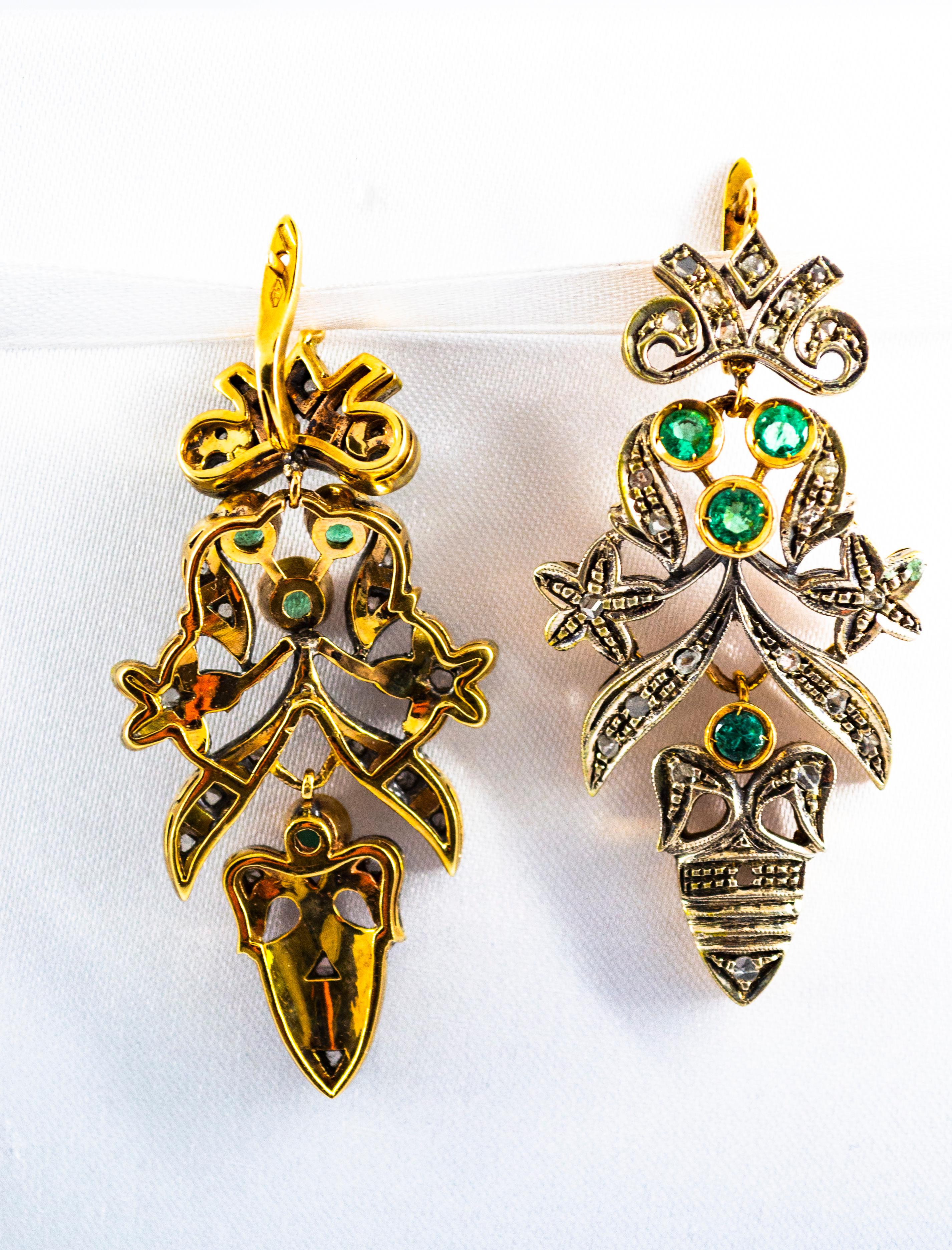 Art Nouveau Style White Diamond Emerald Yellow Gold Lever-Back Earrings For Sale 6