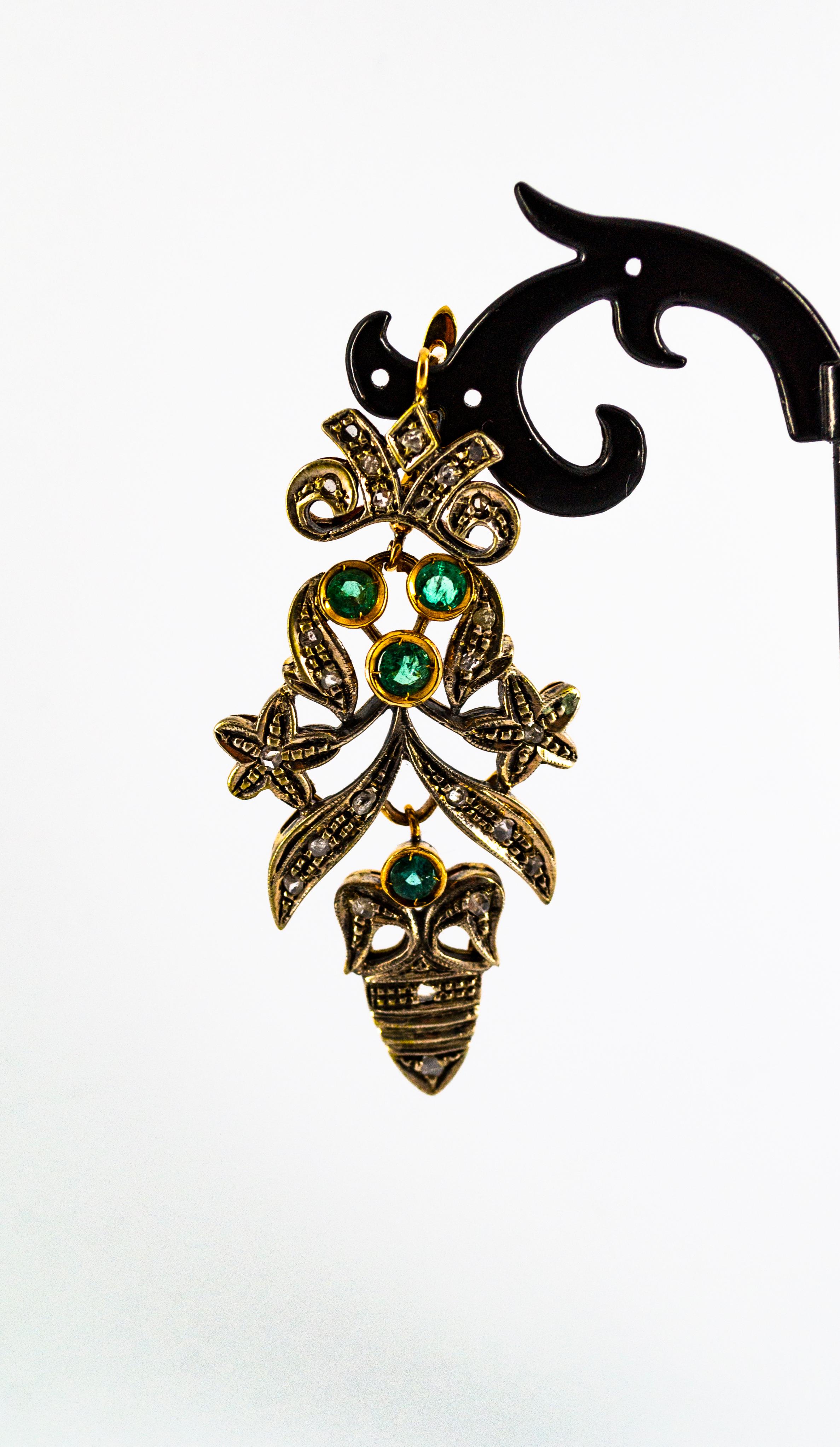 Rose Cut Art Nouveau Style White Diamond Emerald Yellow Gold Lever-Back Earrings For Sale